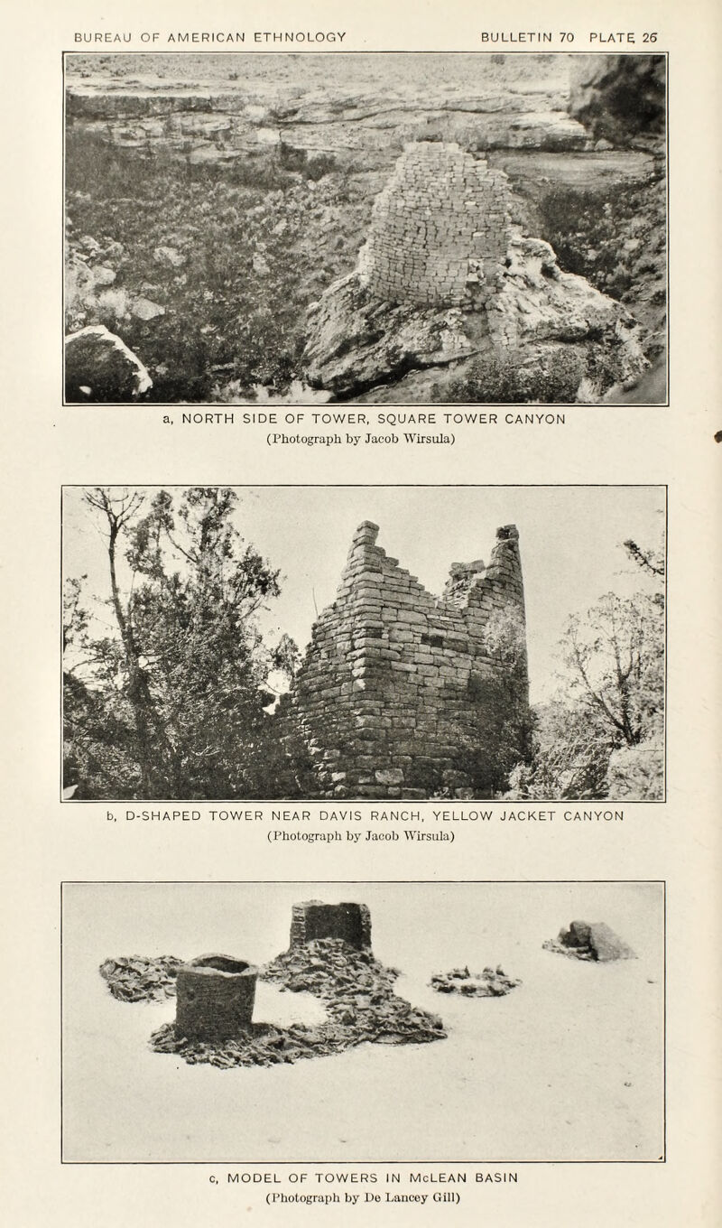 a, NORTH SIDE OF TOWER, SQUARE TOWER CANYON (Photograph by Jacob Wirsula) b, D-SHAPED TOWER NEAR DAVIS RANCH, YELLOW JACKET CANYON (Photograph by Jacob Wirsula) c, MODEL OF TOWERS IN McLEAN BASIN (Photograph by Do Lancey Gill)