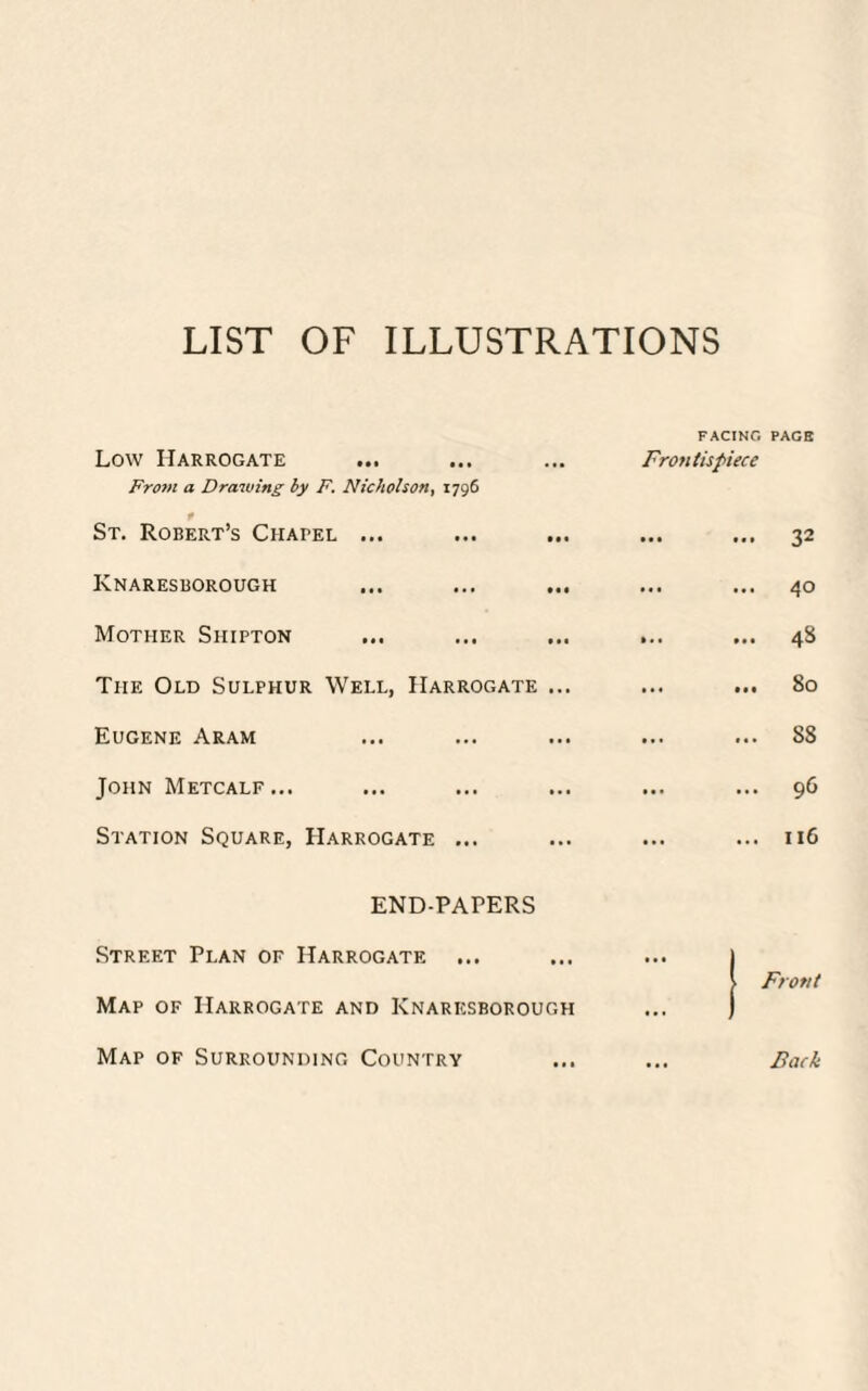 LIST OF ILLUSTRATIONS FACING PAGE Low Harrogate ... ... Frontispiece From a Drawing by F. Nicholson, 1796 St. Robert’s Chapel ... ... 32 Knaresborough ... ... 40 Mother Shipton • • • ... 4S The Old Sulphur Well, Harrogate ... ... ... So Eugene Aram • • • ... SS John Metcalf... ... ... 96 Station Square, Harrogate ... ... 116 END-PAPERS Street Plan of Harrogate ... Map of Harrogate and Knaresborough ... | Front Map of Surrounding Country Back