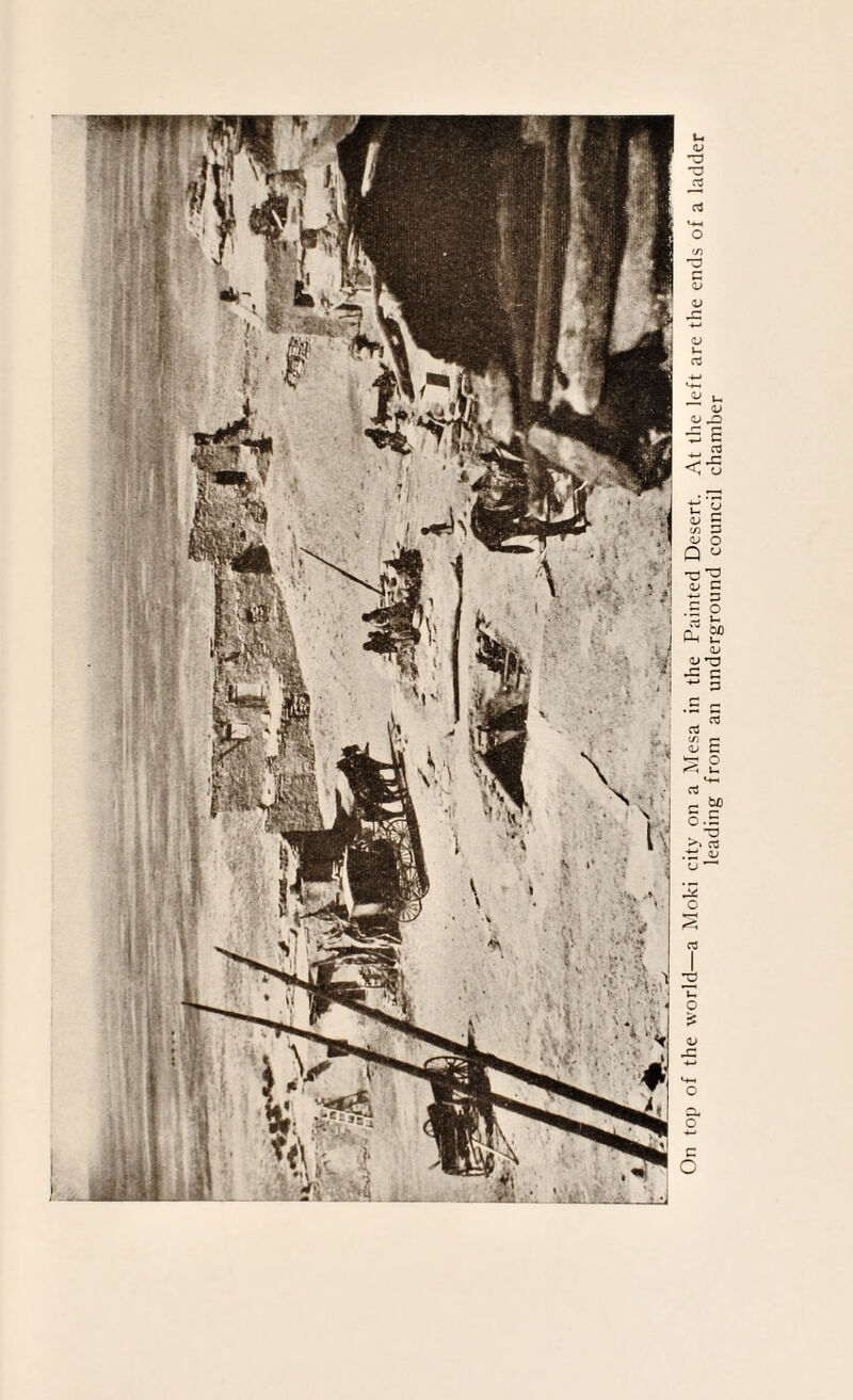 On top of the world—a Moki city on a Mesa in the Painted Desert. At the left are the ends of a ladder leading from an underground council chamber