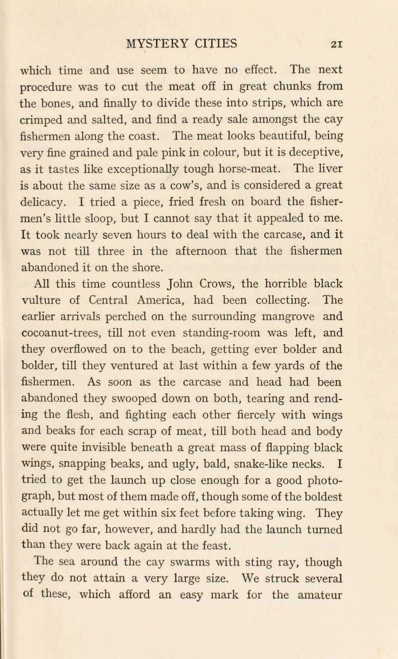 which time and use seem to have no effect. The next procedure was to cut the meat off in great chunks from the bones, and finally to divide these into strips, which are crimped and salted, and find a ready sale amongst the cay fishermen along the coast. The meat looks beautiful, being vety fine grained and pale pink in colour, but it is deceptive, as it tastes like exceptionally tough horse-meat. The liver is about the same size as a cow’s, and is considered a great delicacy. I tried a piece, fried fresh on board the fisher¬ men’s little sloop, but I cannot say that it appealed to me. It took nearly seven hours to deal with the carcase, and it was not till three in the afternoon that the fishermen abandoned it on the shore. All this time countless John Crows, the horrible black vulture of Central America, had been collecting. The earlier arrivals perched on the surrounding mangrove and cocoanut-trees, till not even standing-room was left, and they overflowed on to the beach, getting ever bolder and bolder, till they ventured at last within a few yards of the fishermen. As soon as the carcase and head had been abandoned they swooped down on both, tearing and rend¬ ing the flesh, and fighting each other fiercely with wings and beaks for each scrap of meat, till both head and body were quite invisible beneath a great mass of flapping black wings, snapping beaks, and ugly, bald, snake-like necks. I tried to get the launch up close enough for a good photo¬ graph, but most of them made off, though some of the boldest actually let me get within six feet before taking wing. They did not go far, however, and hardly had the launch turned than they were back again at the feast. The sea around the cay swarms with sting ray, though they do not attain a very large size. We struck several of these, which afford an easy mark for the amateur