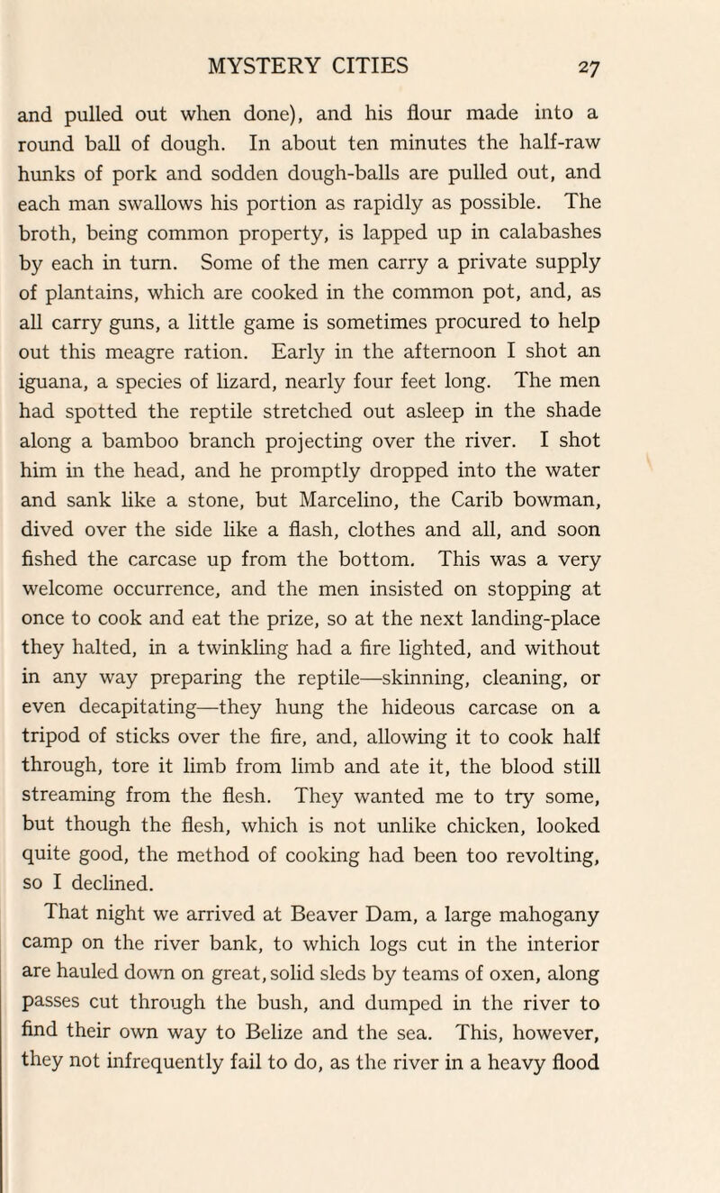 and pulled out when done), and his flour made into a round ball of dough. In about ten minutes the half-raw hunks of pork and sodden dough-balls are pulled out, and each man swallows his portion as rapidly as possible. The broth, being common property, is lapped up in calabashes by each in turn. Some of the men carry a private supply of plantains, which are cooked in the common pot, and, as all carry guns, a little game is sometimes procured to help out this meagre ration. Early in the afternoon I shot an iguana, a species of lizard, nearly four feet long. The men had spotted the reptile stretched out asleep in the shade along a bamboo branch projecting over the river. I shot him in the head, and he promptly dropped into the water and sank like a stone, but Marcelino, the Carib bowman, dived over the side like a flash, clothes and all, and soon fished the carcase up from the bottom. This was a very welcome occurrence, and the men insisted on stopping at once to cook and eat the prize, so at the next landing-place they halted, in a twinkling had a fire lighted, and without in any way preparing the reptile—skinning, cleaning, or even decapitating—they hung the hideous carcase on a tripod of sticks over the fire, and, allowing it to cook half through, tore it limb from limb and ate it, the blood still streaming from the flesh. They wanted me to try some, but though the flesh, which is not unlike chicken, looked quite good, the method of cooking had been too revolting, so I declined. That night we arrived at Beaver Dam, a large mahogany camp on the river bank, to which logs cut in the interior are hauled down on great, solid sleds by teams of oxen, along passes cut through the bush, and dumped in the river to find their own way to Belize and the sea. This, however, they not infrequently fail to do, as the river in a heavy flood