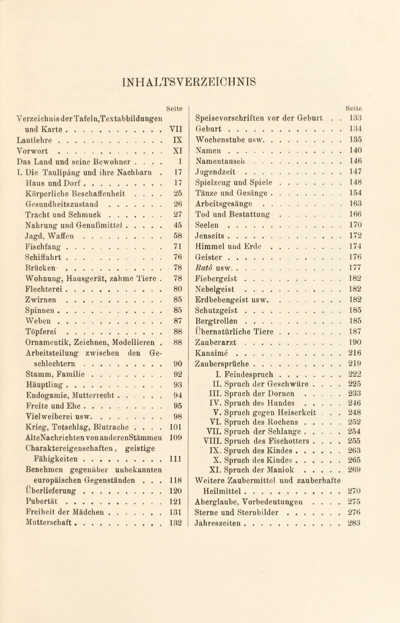 INHALTSVERZEICHNIS Verzeichnis der Tafeln,Textabbildungen und Karte. Lautlehre. Vorwort. Das Land und seine Bewohner . . . . L Die Taulipäng und ihre Nachbarn . Haus und Dorf. Körperliche Beschaffenheit . . . . Gesundheitszustand. Tracht und Schmuck. Nahrung und Genußmittel. Jagd, Waffen. Fischfang. Schiffahrt ... . Brücken . Wohnung, Hausgerät, zahme Tiere . Flechterei . Zwirnen. Spinnen . Weben. Töpferei. Ornamentik, Zeichnen, Modellieren . Arbeitsteilung zwischen den Ge¬ schlechtern . Stamm, Familie. Häuptling. Endogamie, Mutterrecht. Freite und Ehe. Vielweiberei usw. Krieg, Totschlag, Blutrache . . . . AlteNachri eilten von anderenStämmen Charaktereigenschaften, geistige Fähigkeiten. Benehmen gegenüber unbekannten europäischen Gegenständen . . . Überlieferung. Pubertät. Freiheit der Mädchen. Mutterschaft. Seite Speisevorschriften vor der Geburt . . 133 Geburt.134 Wochenstube usw.135 Namen.140 Namentausch.146 Jugendzeit.147 Spielzeug und Spiele.148 Tänze und Gesänge.154 Arbeitsgesänge.163 Tod und Bestattung.166 Seelen.170 Jenseits.172 Himmel und Erde.174 Geister.176 Ratö usw. 177 Fiebergeist.182 Nebelgeist.182 Erdbebengeist usw. ........ 182 Schutzgeist.185 Bergtrollen.185 Übernatürliche Tiere.187 Zauber arzt.190 Kanaime.216 Zaubersprüche.219 I. Feindespruch.222 II. Spruch der Geschwüre .... 225 III. Spruch der Dornen.233 IV. Spruch des Hundes.246 V. Spruch gegen Heiserkeit . . . 248 VI. Spruch des Kochens.252 VII. Spruch der Schlange.254 VIII. Spruch des Fischotters .... 255 IX. Spruch des Kindes.263 X. Spruch des Kindes.265 XI. Spruch der Maniok.269 Weitere Zaubermittel und zauberhafte Heilmittel.270 Aberglaube, Vorbedeutungen .... 275 Sterne und Sternbilder.276 Jahreszeiten.283 Seite VII IX XI 1 17 17 25 26 27 45 58 71 76 78 78 80 85 85 87 88 88 90 92 93 94 95 98 101 109 111 118 120 121 131 132