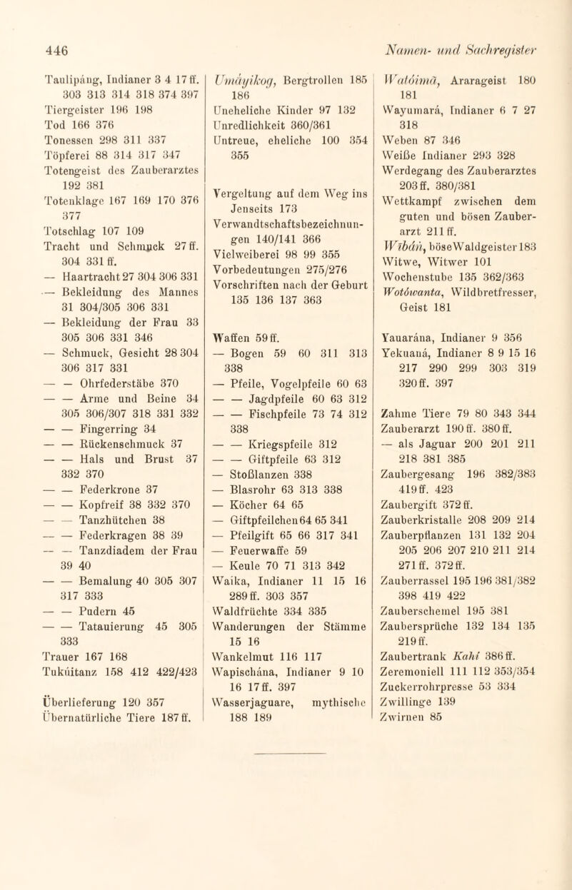 Tauüpäng, Indianer 3 4 17 ff. 303 313 314 318 374 397 Tiergeister 196 198 Tod 166 376 Tonessen 298 311 337 Töpferei 88 314 317 347 Totengeist des Zauberarztes 192 381 Totenklage 167 169 170 376 377 Totschlag 107 109 Tracht und Schmuck 27 ff. 304 331 ff. — Haartracht 27 304 306 331 — Bekleidung des Mannes 31 304/305 306 331 — Bekleidung der Frau 33 305 306 331 346 — Schmuck, Gesicht 28 304 306 317 331 — — Ohrfederstäbe 370 — — Arme und Beine 34 305 306/307 318 331 332 — — Fingerring 34 — — Rückenschmuck 37 — — Hals und Brust 37 332 370 - Federkrone 37 -Kopfreif 38 332 370 - Tanzhütchen 38 — — Federkragen 38 39 — — Tanzdiadem der Frau 39 40 — — Bemalung 40 305 307 317 333 — — Pudern 45 -Tatauierung 45 305 333 Trauer 167 168 Tukiütanz 158 412 422/423 Überlieferung 120 357 Übernatürliche Tiere 187ff. TJmäyikog, Bergtrollen 185 186 Uneheliche Kinder 97 132 Unredlichkeit 360/361 Untreue, eheliche 100 354 355 Vergeltung auf dem Weg ins Jenseits 173 Verwandtschaftsbezeichnun¬ gen 140/141 366 Vielweiberei 98 99 355 Vorbedeutungen 275/276 Vorschriften nach der Geburt 135 136 137 363 Waffen 59 ff. — Bogen 59 60 311 313 338 — Pfeile, Vogelpfeile 60 63 — — Jagdpfeile 60 63 312 -Fischpfeile 73 74 312 338 — — Kriegspfeile 312 — — Giftpfeile 63 312 — Stoßlanzen 338 — Blasrohr 63 313 338 — Köcher 64 65 — Giftpfeilchen64 65 341 — Pfeilgift 65 66 317 341 — Feuerwaffe 59 — Keule 70 71 313 342 Waika, Indianer 11 15 16 289 ff. 303 357 Waldfrüchte 334 335 Wanderungen der Stämme 15 16 Wankelmut 116 117 Wapisclnina, Indianer 9 10 16 17 ff. 397 Wasserjaguare, mythische 188 189 Watöimä, Ararageist 180 181 Wayumarcä, Indianer 6 7 27 318 Weben 87 346 Weiße Indianer 293 328 Werdegang des Zauberarztes 203 ff. 380/381 Wettkampf zwischen dem guten und bösen Zauber¬ arzt 211 ff. Wibdii, böseWaldgeister 183 Witwe, Witwer 101 Wochenstube 135 362/363 Wotöivanta, Wildbretfresser, Geist 181 Yauaräna, Indianer 9 356 Yekuana, Indianer 8 9 15 16 217 290 299 303 319 320 ff. 397 Zahme Tiere 79 80 343 344 Zauberarzt 190 ff. 380ff. — als Jaguar 200 201 211 218 381 385 Zaubergesang 196 382/383 419 ff. 423 Zaubergift 372 ff. Zauberkristalle 208 209 214 Zauberpflanzen 131 132 204 205 206 207 210 211 214 271 ff. 372 ff. Zauberrassel 195 196 381/382 398 419 422 Zauberschemel 195 381 Zaubersprüche 132 134 135 219 ff. Zaubertrank Kahi 386 ff. Zeremoniell 111 112 353/354 Zuckerrohrpresse 53 334 Zwillinge 139 Zwirnen 85