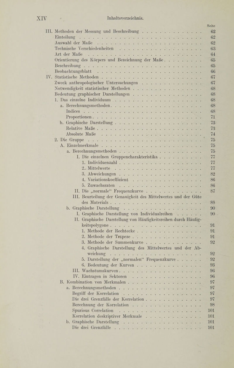 Seite III. Methoden der Messung und Beschreibung. 62 Einteilung. 62 Auswahl der Made. 62 Technische Verschiedenheiten . 63 Art der Made . 64 Orientierung des Korpers und Bezeichnung der Made. 65 Beschreibung. 65 Beobachtungsblatt . 66 IV. Statistische Methoden. 67 Zweck anthropologischer Untersuchungen. 67 Notwendigkeit statistischer Methoden. 68 Bedeutung graphischer Darstellungen. 68 1. Das einzelne Individuum. 68 a. Berechnungsmethoden. 68 Indices. 68 Proportionen. 71 b. Graphische Darstelhmg. 73 Relative Made. 73 Absolute Made . 74 2. Die Gruppe. 75 A. Einzelmerkmale. 75 a. Berechnungsmethoden. 75 I. Die einzelnen Gruppencharakteristika. 77 1. Individuenzahl. 77 2., Mittelwerte. 77 3. Abweichungen. 82 4. Variationskoeffizient. 86 5. Zuwachsraten. 86 II. Die „normale“ Frequenzkurve. 87 III. Beurteilung der Genauigkeit des Mittelwertes und der Giite des Materials. 88 b. Graphische Darstellung. 90 I. Graphische Darstellung von Individualreihen. 90 II. Graphische Darstellung von Haufigkeitsreihen durch Haufig- keitspolygone. 91 1. Methode der Rechtecke. 91 2. Methode der Trapeze. 91 3. Methode der Summenkurve. 92 4. Graphische Darstellung des Mittelwertes und der Ab- weichung. 92 5. Darstellung der ,,normalen“ Frequenzkurve. 92 6. Bedeutung der Kurven. 93 III. Wachstumskurven. 96 IV. Eintragen in Sektoren .. 96 B. Ivombination von Merkmalen. 97 a. Berechnungsmethoden. 97 Begriff der Korrelation. 97 Die drei Grenzfalle der Ivorrelation. 97 Berechnung der Korrelation. 98 Spurious Correlation . 101 Korrelation deskriptiver Merkmale. 101 b. Graphische Darstellung. 101 Die drei Grenzfalle. 101