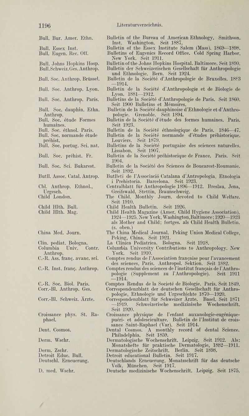 Bull. Bur. Amer. Ethn. Bull. Essex Inst. Bull. Eugen. Eec. Off. Bull. Johns Hopkins Hosp. Bull. Schweiz. Ges. Anthrop. Bull. Soc. Anthrop. Brussel. Bull. Soc. Anthrop. Lyon. Bull. Soc. Anthrop. Paris. Bull. Soc. dauphin. Ethn. Anthrop. Bull. Soc. etude Formes humaines. Bull. Soc. ethnol. Paris. Bull. Soc. normande etude prehist. Bull. Soc. portug. Sci. nat. Bull. Soc. prehist. Fr. Bull. Soc. Sci. Bukarest. Butll. Assoc. Catal. Antrop. Cbl. Anthrop. Ethnol., Urgesch. Child London. Child tilth. Bull. Child Hlth. Mag. China Med. Journ. Clin, pediat. Bologna. Columbia Univ. Contr. Anthrop. C.-R. Ass. franc, avanc. sci. C.-R. Inst, franty Anthrop. C.-R. Soc. Biol. Paris. Corr.-Bl. Anthrop. Ges. Corr.-Bl. Schweiz. Arzte. Croissance phys. St. Ra¬ phael. Dent. Cosmos. Derm. Wschr. Derm. Zschr. Detroit Educ. Bull. Deutschl. Erneuerung. Bulletin of the Bureau of American Ethnology. Smithson. Inst. Washington. Seit 1887. Bulletin of the Essex Institute Salem (Mass). 1869-—1898. Bulletins of Eugenics Record Office. Cold Spring Harbor, New York. Seit 1911. Bulletin of the Johns Hopkins Hospital. Baltimore. Seit 1890. Bulletin der Schweizerischen Gesellschaft fur Anthropologie und Ethnologie. Bern. Seit 1924. Bulletin de la Societe d’Anthropologie de Bruxelles. 1883 —1914. Bulletin de la Societe d’Anthropologie et de Biologic de Lyon. 1881—1912. Bulletins de la Societe d’Anthropologie de Paris. Seit 1860. Seit 1900 Bulletins et Memoires. Bulletin de la Societe dauphinoise d’Ethnologie et d’Anthro¬ pologie. Grenoble. Seit 1894. Bulletin de la Societe d’etude des formes humaines. Paris. Seit 1923. Bulletin de la Societe ethnologique de Paris. 1846—47. Bulletin de la Societe normande d’etudes prehistorique. Louviers. Seit 1879. Bulletins de la Societe portugaise des sciences naturelles. Lissabon. Seit 1907. Bulletin de la Societe prehistorique de France. Paris. Seit 1904. Bulletin de la Societe des Sciences de Boucarest-Roumanie. Seit 1892. Butlleti de l’Associacio Catalana d’Antropologia, Etnologia i Prehistoria. Barcelona. Seit 1923. Centralblatt fiir Anthropologie 1896—1912. Breslau, Jena, Greifswald, Stettin, Braunschweig. The Child. Monthly Journ. devoted to Child Welfare. Seit 1910. Child Health Bulletin. Seit 1926. Child Health Magazine (Amer. Child Hygiene Association), 1924—1925, New York, Washington,Baltimore; 1920—1923 als Mother and Child; fortges. als Child Health Bulletin, (s. oben.) The China Medical Journal. Peking Union Medical College, Peking, China. Seit 1921. La Clinica Pediatrica. Bologna. Seit 1918. Columbia University Contributions to Anthropology. New York. Seit 1910. Comptes rendus de PAssociation francaise pour l’avancement des sciences, Paris. Anthropol. Sektion. Seit 1882. Comptes rendus des sciences de l’institut francais de PAnthro- pologie (Supplement zu l’Anthropologie). Seit 1911 —1914. Comptes Rendus de la Societe de Biologie. Paris. Seit 1849. Correspondenzblatt der deutschen Gesellschaft fiir Anthro¬ pologie, Ethnologie und Urgeschichte 1870—1920. Correspondenzblatt fiir Schweizer Arzte. Basel. Seit 1871 —4919. Schweizerische medizinische Wochenschrift. Seit 1920. Croissance physique de Penfant auxanologie-eugenique- pueri- et adolesciculture. Bulletin de l’lnstitut de crois¬ sance Saint-Raphael (Var). Seit 1914. Dental Cosmos. A monthly record of dental Science. Philadelphia. Seit 1859. Dermatologische Wochenschrift. Leipzig. Seit 1912. Als: Monatshefte fiir praktische Dermatologie, 1882—1911. Dermatologische Zeitschrift. Berlin. Seit 1898. Detroit educational Bulletin. Seit 1917. Deutschlands Erneuerung, Monatsschrift fiir das deutsche Volk. Mlinchen. Seit 1917. Deutsche medizinische Wochenschrift. Leipzig. Seit 1875. D. med. Wschr.