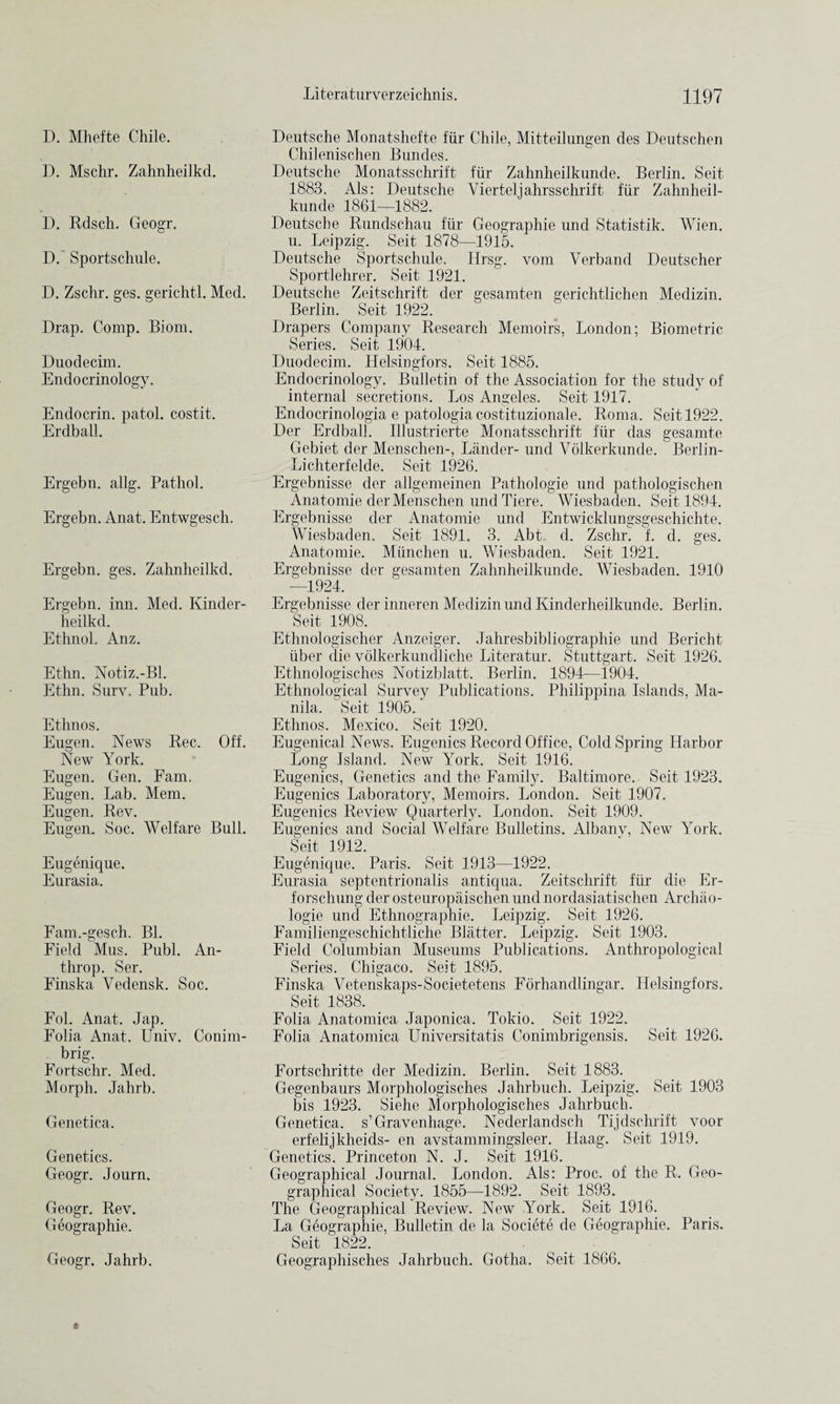 D. Mhefte Chile. D. Mschr. Zahnheilkd. D. Rdsch. Geogr. DC Sportschule. D. Zschr. ges. gerichtl. Med. Drap. Comp. Biom. Duodecim. Endocrinology. Endocrin. patol. costit. Erdball. Ergebn. allg. Pathol. Ergebn. Anat. Entwgesch. Ergebn. ges. Zahnheilkd. Ergebn. inn. Med. Kinder- heilkd. EthnoL Anz. Ethn. Notiz.-Bl. Ethn. Surv. Pub. Ethnos. Eugen. News Bee. Off. New York. Eugen. Gen. Fam. Eugen. Lab. Mem. Eugen. Rev. Eugen. Soc. Welfare Bull. Eugenique. Eurasia. Fam.-gesch. Bl. Field Mus. Publ. An- throp. Ser. Finska Vedensk. Soc. Fol. Anat. Jap. Folia Anat. Univ. Conim- brig. Fortschr. Med. Morph. Jahrb. Genetica. Genetics. Geogr. Journ. Geogr. Rev. Geographie. Geogr. Jahrb. Deutsche Monatshefte fiir Chile, Mitteilungen des Deutschen Chilenischen Bundes. Deutsche Monatsschrift fiir Zahnheilkunde. Berlin. Seit 1883. Als: Deutsche Yierteljahrsschrift fiir Zahnheil¬ kunde 1861—1882. Deutsche Rundschau fiir Geographie und Statistik. Wien, u. Leipzig. Seit 1878—1915. Deutsche Sportschule. Hrsg. vom Verband Deutscher Sportlehrer. Seit 1921. Deutsche Zeitschrift der gesamten gerichtlichen Medizin. Berlin. Seit 1922. Drapers Company Research Memoirs, London; Biometric Series. Seit 1904. Duodecim. Helsingfors. Seit 1885. Endocrinology. Bulletin of the Association for the study of internal secretions. Los Angeles. Seit 1917. Endocrinologia e patologia costituzionale. Roma. Seit 1922. Der Erdball. Illustrierte Monatsschrift fiir das gesamte Gebiet der Menschen-, Lander- und Volkerkunde. Berlin- Lichterfelde. Seit 1926. Ergebnisse der allgemeinen Pathologie und pathologischen Anatomie der Menschen und Tiere. Wiesbaden. Seit 1894. Ergebnisse der Anatomie und Entwicklungsgeschichte. Wiesbaden. Seit 1891. 3. Abt.. d. Zschr. f. d. ges. Anatomie. Miinchen u. Wiesbaden. Seit 1921. Ergebnisse der gesamten Zahnheilkunde. Wiesbaden. 1910 ^ —1924. Ergebnisse der inneren Medizin und Kinderheilkunde. Berlin. Seit 1908. Ethnologischer Anzeiger. Jahresbibliographie und Bericht liber die volkerkundliche Literatur. Stuttgart. Seit 1926. Ethnologisches Notizblatt. Berlin. 1894-—1904. Ethnological Survey Publications. Philippina Islands, Ma¬ nila. Seit 1905. Ethnos. Mexico. Seit 1920. Eugenical News. Eugenics Record Office, Cold Spring Harbor Long Island. New York. Seit 1916. Eugenics, Genetics and the Family. Baltimore. Seit 1923. Eugenics Laboratory, Memoirs. London. Seit 1907. Eugenics Review Quarterly. London. Seit 1909. Eugenics and Social Welfare Bulletins. Albanv, New York. Seit 1912. Eugenique. Paris. Seit 1913—1922. Eurasia septentrionalis antiqua. Zeitschrift fiir die Er- forschung der osteuropaischen und nordasiatischen Archao- logie und Ethnographie. Leipzig. Seit J926. Familiengeschichtliche Blatter. Leipzig. Seit 1903. Field Columbian Museums Publications. Anthropological Series. Chigaco. Seit 1895. Finska Vetenskaps-Societetens Forhandlingar. Helsingfors. Seit 1838. Folia Anatomica Japonica. Tokio. Seit 1922. Folia Anatomica Universitatis Conimbrigensis. Seit 1926. Fortschritte der Medizin. Berlin. Seit 1883. Gegenbaurs Morphologisches Jahrbuch. Leipzig. Seit 1903 bis 1923. Siehe Morphologisches Jahrbuch. Genetica. s’Gravenhage. Nederlandsch Tijdschrift voor erfelijkheids- en avstammingsleer. Haag. Seit 1919. Genetics. Princeton N. J. Seit 1916. Geographical Journal. London. Als: Proc. of the R. Geo¬ graphical Society. 1855—1892. Seit 1893. The Geographical Review. New York. Seit 1916. La Geographie, Bulletin de la Societe de Geographie. Paris. Seit 1822. Geographisches Jahrbuch. Gotha. Seit 1866.