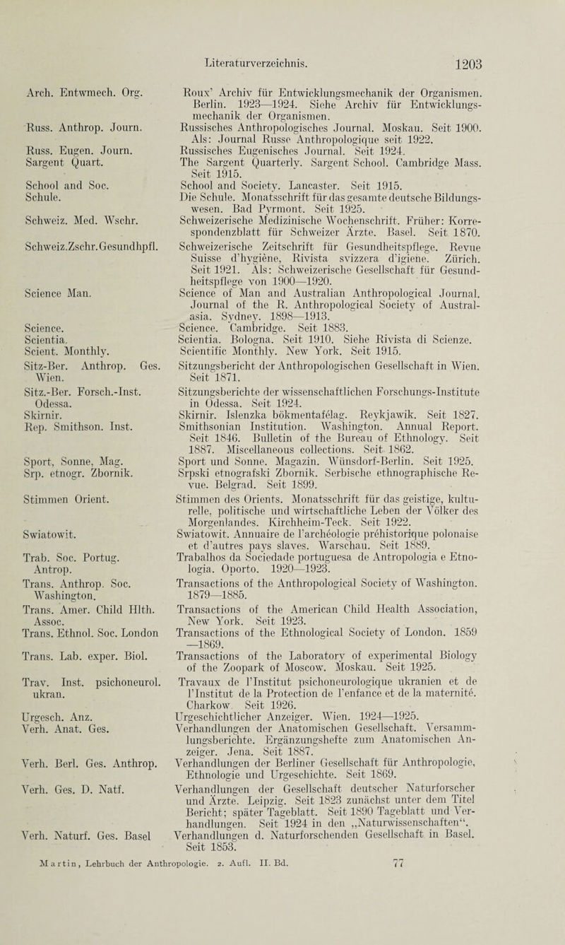 Arch. Entwmech. Org. Russ. Anthrop. Journ. Russ. Eugen. Journ. Sargent Quart. School and Soc. S chule. Schweiz. Med. Wschr. Schweiz. Zschr.Gesundhpfl. Science Man. Science. Scientia, Scient. Monthly. Sitz-Ber. Anthrop. Ges. Wien. Sitz.-Ber. Forsch.-Inst. Odessa. Skirnir. Rep. Smithson. Inst. Sport, Sonne, Mag. Srp. etnogr. Zbornik, Stimmen Orient. Swiatowit. Trab. Soc. Portug. Antrop. Trans. Anthrop. Soc. Washington. Trans. Amer. Child Hlth. Assoc. Trans. Ethnol. Soc. London Trans. Lab. exper. Biol. Trav. Inst, psichoneurol. ukran. Urges ch. Anz. Verh. Anat. Ges. Yerh. Berl. Ges. Anthrop. Verh. Ges. D. Natf. Yerh. Naturf. Ges. Basel Roux’ Archiv fur Entwicklungsmechanik der Organismen. Berlin. 1923—1924. Siehe Archiv fur Entwicklungs¬ mechanik der Organismen. Russisches Anthropologisches Journal. Moskau. Seit 1900. Als: Journal Russe Anthropologique seit 1922. Russisches Eugenisches Journal. Seit 1924. The Sargent Quarterly. Sargent School. Cambridge Mass. Seit 1915. School and Society. Lancaster. Seit 1915. Die Schule. Monatsschrift fur das gesamte deutsche Bildungs- wesen. Bad Pyrmont. Seit 1925. Schweizerische Medizinisc-he Wochenschrift. Friiher: Korre- spondenzblatt fur Schweizer Arzte. Basel. Seit 1870. Schweizerische Zeitschrift fur Gesundheitspflege. Revue Suisse d’hygiene, Rivista svizzera d’igiene. Zurich. Seit 1921. Als: Schweizerische Gesellschaft fur Gesund¬ heitspflege von 1900—1920. Science of Man and Australian Anthropological Journal. Journal of the R. Anthropological Society of Austral¬ asia. Sydney. 1898—1913. Science. Cambridge. Seit 1883. Scientia. Bologna. Seit 1910. Siehe Rivista di Scienze. Scientific Monthly. New York. Seit 1915. Sitzungsbericht der Anthropologischen Gesellschaft in Wien. Seit 1871. Sitzungsberichte der wissenschaftlichen Forschungs-Institute in Odessa. Seit 1924. Skirnir. Islenzka bokmentafelag. Reykjawik. Seit 1827. Smithsonian Institution. Washington. Annual Report. Seit 1846. Bulletin of the Bureau of Ethnology. Seit 1887. Miscellaneous collections. Seit 1862. Sport und Sonne. Magazin. Wiinsdorf-Berlin. Seit 1925. Srpski etnografski Zbornik. Serbische ethnographische Re¬ vue. Belgrad. Seit 1899. Stimmen des Orients. Monatsschrift fur das geistige, kultu- relle, politische und wirtschaftliche Leben der Volker des Morgenlandes. Kirchheim-Teck. Seit 1922. Swiatowit. Annuaire de l’archeologie prehistorique polonaise et. d’autres pays slaves. Warschau. Seit 1889. Trabalhos da Sociedade portuguesa de Antropologia e Etno- logia. Oporto. 1920—1923. Transactions of the Anthropological Society of Washington. 1879—1885. Transactions of the American Child Health Association, New York. Seit 1923. Transactions of the Ethnological Society of London. 1859 —1869. Transactions of the Laboratory of experimental Biology of the Zoopark of Moscow. Moskau. Seit 1925. Travaux de l’lnstitut psichoneurologique ukranien et de l’lnstitut de la Protection de l’enfance et de la maternite. Charkow. Seit 1926. Urgeschichtlicher Anzeiger. Wien. 1924—-1925. Verhandlungen der Anatomischen Gesellschaft. Versamm- lungsberichte. Erganzungshefte zum Anatomischen An¬ zeiger. Jena. Seit 1887. Verhandlungen der Berliner Gesellschaft flir Anthropologie, Ethnologie und Urgeschichte. Seit 1869. Verhandlungen der Gesellschaft deutscher Naturforscher und Arzte. Leipzig. Seit 1823 zunachst unter dem Titel Bericht; spater Tageblatt. Seit 1890 Tageblatt und Ver¬ handlungen. Seit 1924 in den „Naturwissenschaften“. Verhandlungen d. Naturforschenden Gesellschaft in Basel. Seit 1853. Martin, Lehrbuch der Anthropologie. 2. Aufl. II. Bd. 77