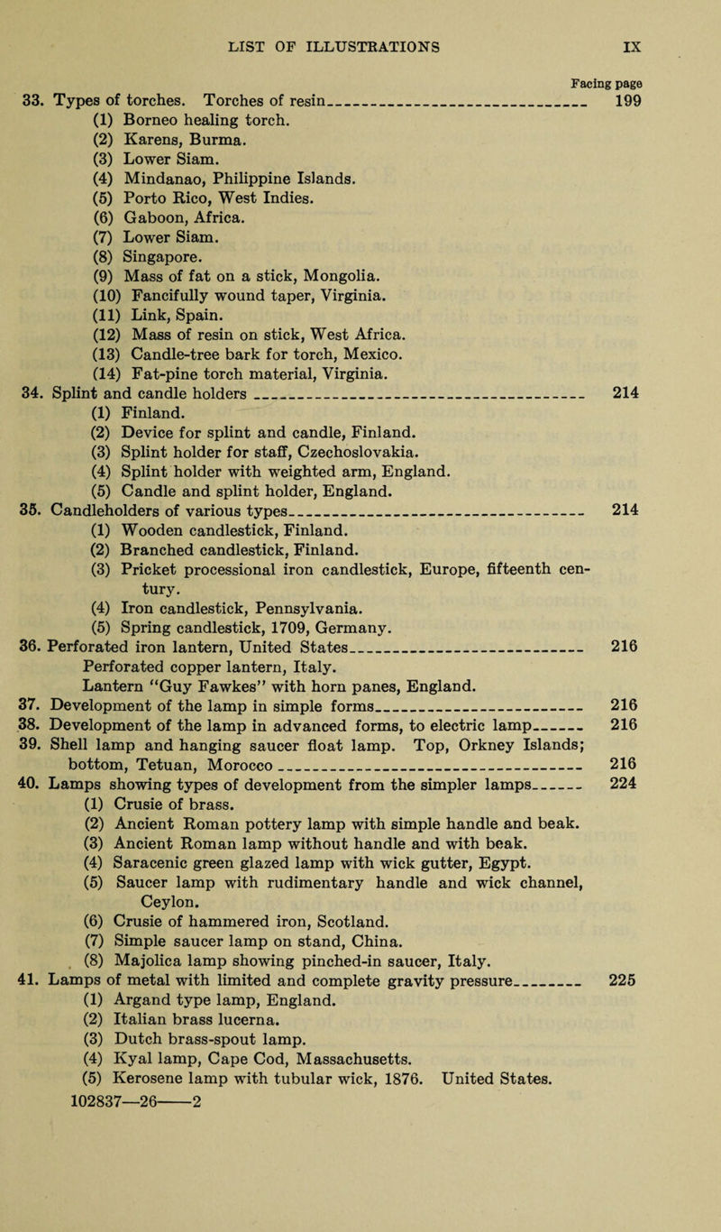 Facing page 33. Types of torches. Torches of resin_ 199 (1) Borneo healing torch. (2) Karens, Burma. (3) Lower Siam. (4) Mindanao, Philippine Islands. (5) Porto Rico, West Indies. (6) Gaboon, Africa. (7) Lower Siam. (8) Singapore. (9) Mass of fat on a stick, Mongolia. (10) Fancifully wound taper, Virginia. (11) Link, Spain. (12) Mass of resin on stick, West Africa. (13) Candle-tree bark for torch, Mexico. (14) Fat-pine torch material, Virginia. 34. Splint and candle holders_ 214 (1) Finland. (2) Device for splint and candle, Finland. (3) Splint holder for staff, Czechoslovakia. (4) Splint holder with weighted arm, England. (5) Candle and splint holder, England. 35. Candleholders of various types_ 214 (1) Wooden candlestick, Finland. (2) Branched candlestick, Finland. (3) Pricket processional iron candlestick, Europe, fifteenth cen¬ tury. (4) Iron candlestick, Pennsylvania. (5) Spring candlestick, 1709, Germany. 36. Perforated iron lantern, United States___ 216 Perforated copper lantern, Italy. Lantern “Guy Fawkes” with horn panes, England. 37. Development of the lamp in simple forms_ 216 38. Development of the lamp in advanced forms, to electric lamp- 216 39. Shell lamp and hanging saucer float lamp. Top, Orkney Islands; bottom, Tetuan, Morocco_ 216 40. Lamps showing types of development from the simpler lamps- 224 (1) Crusie of brass. (2) Ancient Roman pottery lamp with simple handle and beak. (3) Ancient Roman lamp without handle and with beak. (4) Saracenic green glazed lamp with wick gutter, Egypt. (5) Saucer lamp with rudimentary handle and wick channel, Ceylon. (6) Crusie of hammered iron, Scotland. (7) Simple saucer lamp on stand, China. (8) Majolica lamp showing pinched-in saucer, Italy. 41. Lamps of metal with limited and complete gravity pressure_ 225 (1) Argand type lamp, England. (2) Italian brass lucerna. (3) Dutch brass-spout lamp. (4) Kyal lamp, Cape Cod, Massachusetts. (5) Kerosene lamp with tubular wick, 1876. United States. 102837—26-2