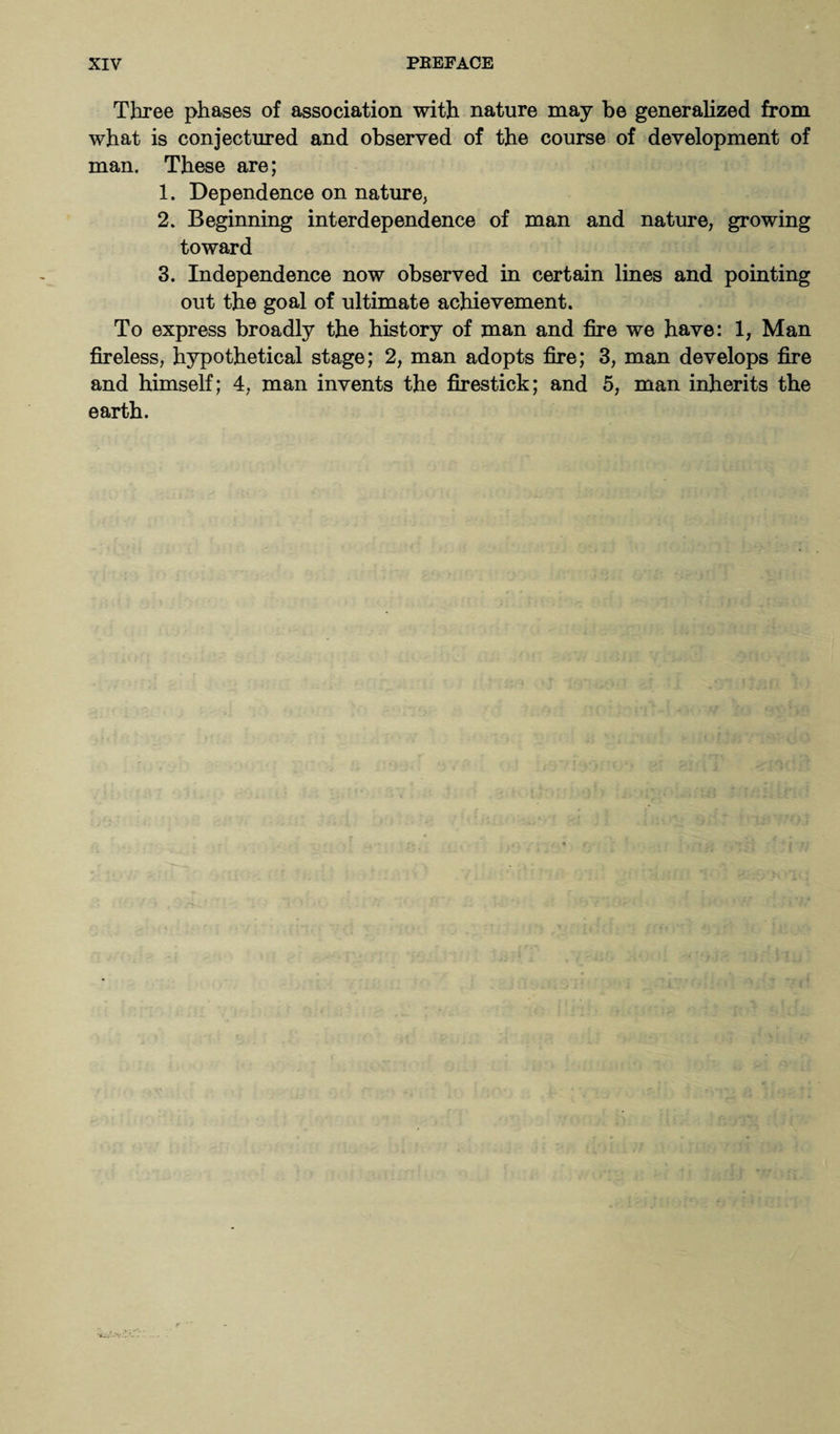 Three phases of association with nature may be generalized from what is conjectured and observed of the course of development of man. These are; 1. Dependence on nature, 2. Beginning interdependence of man and nature, growing toward 3. Independence now observed in certain lines and pointing out the goal of ultimate achievement. To express broadly the history of man and fire we have: 1, Man fireless, hypothetical stage; 2, man adopts fire; 3, man develops fire and himself; 4, man invents the firestick; and 5, man inherits the earth.