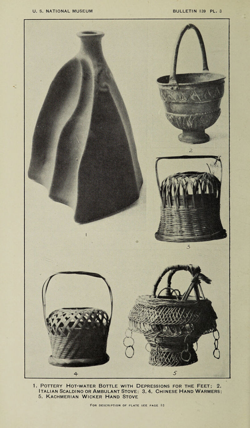 1, Pottery Hot-water Bottle with Depressions for the Feet; 2, Italian Scaldino or Ambulant Stove; 3,4, Chinese Hand Warmers; 5, Kachmerian Wicker Hand Stove