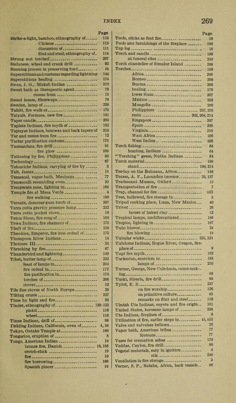 Page Strike-a-light, bamboo, ethnography of-. 119 Chinese- 119 discussion of_ 111 flint and steel, ethnography of. 114 Strung nut torches*.— 207 Sudanese, wheel and crank drill- 92 Sunning process in preserving food- 44 Superstitions and customs regarding lightning 144 Superstitious healing- 174 Swan, J. G., Makah Indian... 219 Sweat bath as therapeutic agent-- 78 stones from-- 19 Sweat house, Shuswaps- 78 Sweden, lamp of..... 226 Tahiti, fire walk at.—.- 179 Taiyals, Formosa, new fire —-- . 141 Taper candle..-... 209 Tapiete Indians, fire myth of. 162 Tapuyos Indians, beeswax and bark tapers of 210 Tar and resins from fire_ 72 Tartar purification customs- 173 Tasmanians, fire drill - 91 fire plow- 108 Tattooing by fire, Philippines-- 80 Technology__-. 67 Tehuelche Indians, carrying of fire by- 3 Teit, James.-.. 14 Temezcal, vapor bath, Mexicans- 77 Temescalli resembling oven- 39 Temperate zone, lighting in- 186 Temple fire at Mesa Verde_ 4 fire walking- 180 Ternate, dammar-gum torch of- 207 Terra cotta gravity pressure lamp- 222 Terra cotta pocket stove... 16 Teton Sioux, fire song of- 160 Tewa Indians, fire shamans of- 175 Theft of fire_ 159 Theodore, Emperor, fire iron ordeal of- 172 Thompson River Indians- 14 Thotmes III- 24 Threshing by fire.... 67 T hunderbird and lightning.. 149 Tibet, butter lamp of.. 232 feast of lamps in_ 254 fire ordeal in_ 172 fire purification in. 174 torches of...- 206 stoves_ 52 Tile flue stoves of North Europe- 29 Tilting crusie_ 237 Time by light and fire. 83 Tinder, ethnography of- 120-123 pistol..-- 118 wheel_ 118 Tinne Indians, drill of. 98 Fielding Indians, California, oven of. 4, 36 Tokyo, Ontake Temple at. 180 Tongarioo, eruption of .. 8 Tongs, American Indian--- 19 bronze fire, Danish_ 19,166 crotch-stick.. 19 fire__ 19 fire borrowing-... 166 Spanish pincer. 19 Page Tools, sticks as first fire... 19 Tools and furnishings of the fireplace. 190 Top log .. 18 Torch and candle. 198 at funeral rites_ 250 Torch chandelier of Simalur Island .. 208 Torches_ 198 Africa_ 206 Borneo__ 208 Burma.. 208 healing..... 176 lower Siam. 207 Mexico.. 202 Mongolia_ 206 Philippines .. 207,208 resin.. 202,204,214 Singapore... 207 Spain. 205 Virginia..___ 210 West Africa__ 106 West Indies .. __ 203 Torch fishing. 64 hunting, Indians__ 64 “Torching” geese, Nutka Indians. 64 Torch material. 199 stand... 190,214 Torday on the Bahuana, Africa.. 146 Tozzer, A. F., Lacandon incense..... 23,137 Tradescant Musem, Oxford_ 15 Transportation of fire_____. 7 Trap, channel for fire_ xiii Tree, hollowed, fire storage in__ 3 Tripod cooking place, Luna, New Mexico— 40 Trivet... 26 bosses of baked clay.. 12 Tropical lamps, undifferentiated_ 186 Tropics, lighting in_ 187 Tube blower__ 24 fire blowing_ 19 Tubular wicks. 223,224 Tulolome Indians, Rogue River, Oregon, fire¬ place of.-- 9 Tupi fire myth-- 162 Turkestan, exorcism in-- 183 lamps of_ 230 Turner, George, New Caledonia, canoe mak-_ ing___-.— 68 Tuski, Siberia, fire drill... 88 Tylof, E. B- 237 on fire worship- 126 on primitive culture_ 43 remarks on flint and steel. 118 Uintah Ute Indians, coyote and fire origin.. 161 United States, kerosene lamps of- 224 Ute Indians, fireplace of---- 9 Utilization of fire, earlier steps in--xi, xiii Valve and valveless bellows--- 25 Vapor bath, American tribes... 77 Romans_ 77 Vases for cremation ashes--- 170 Veddas, Ceylon, fire drill...-- 90 Vegetal materials, easy in ignition-- 4 oils..- 248 Ventilation in fire storage- 3 Verner, S. P., Baluba, Africa, bark vessels.. 46