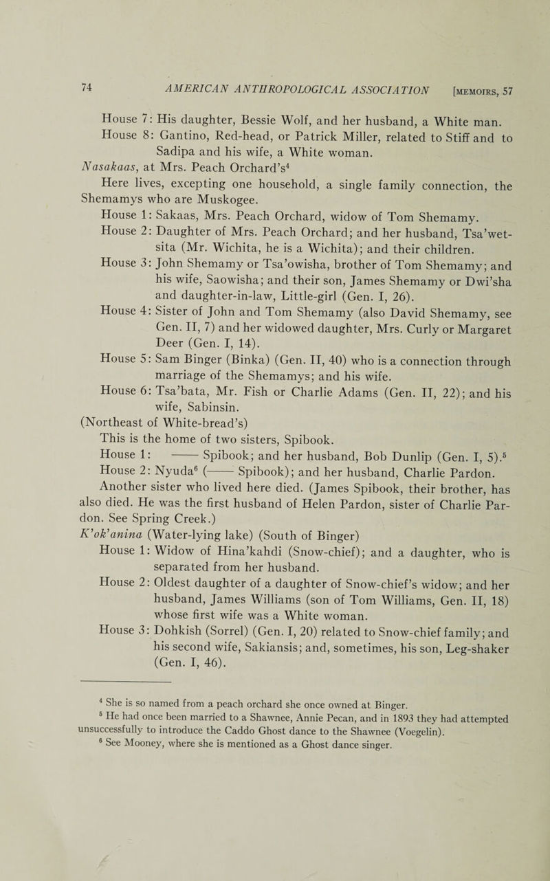 House 7: His daughter, Bessie Wolf, and her husband, a White man. House 8: Gantino, Red-head, or Patrick Miller, related to Stiff and to Sadipa and his wife, a White woman. Nasakaas, at Mrs. Peach Orchard’s4 Here lives, excepting one household, a single family connection, the Shemamys who are Muskogee. House 1: Sakaas, Mrs. Peach Orchard, widow of Tom Shemamy. House 2: Daughter of Mrs. Peach Orchard; and her husband, Tsa’wet- sita (Mr. Wichita, he is a Wichita); and their children. House 3: John Shemamy or Tsa’owisha, brother of Tom Shemamy; and his wife, Saowisha; and their son, James Shemamy or Dwi’sha and daughter-in-law, Little-girl (Gen. I, 26). House 4: Sister of John and Tom Shemamy (also David Shemamy, see Gen. II, 7) and her widowed daughter, Mrs. Curly or Margaret Deer (Gen. I, 14). House 5: Sam Binger (Binka) (Gen. II, 40) who is a connection through marriage of the Shemamys; and his wife. House 6: Tsa’bata, Mr. Fish or Charlie Adams (Gen. II, 22); and his wife, Sabinsin. (Northeast of White-bread’s) This is the home of two sisters, Spibook. House 1: -Spibook; and her husband, Bob Dunlip (Gen. I, 5).5 House 2: Nyuda6 (-Spibook); and her husband, Charlie Pardon. Another sister who lived here died. (James Spibook, their brother, has also died. He was the first husband of Helen Pardon, sister of Charlie Par¬ don. See Spring Creek.) K’ok’anina (Water-lying lake) (South of Binger) House 1: Widow of Hina’kahdi (Snow-chief); and a daughter, who is separated from her husband. House 2: Oldest daughter of a daughter of Snow-chief’s widow; and her husband, James Williams (son of Tom Williams, Gen. II, 18) whose first wife was a White woman. House 3: Dohkish (Sorrel) (Gen. I, 20) related to Snow-chief family; and his second wife, Sakiansis; and, sometimes, his son, Leg-shaker (Gen. I, 46). 4 She is so named from a peach orchard she once owned at Binger. 5 He had once been married to a Shawnee, Annie Pecan, and in 1893 they had attempted unsuccessfully to introduce the Caddo Ghost dance to the Shawnee (Voegelin). 6 See Mooney, where she is mentioned as a Ghost dance singer.