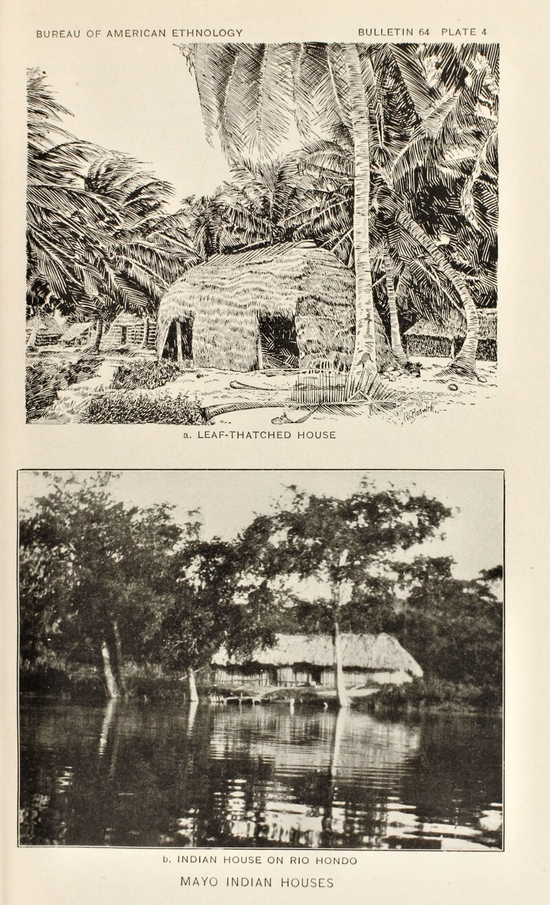 a. LEAF-THATCHED HOUSE b. INDIAN HOUSE ON RIO HONDO MAYO INDIAN HOUSES