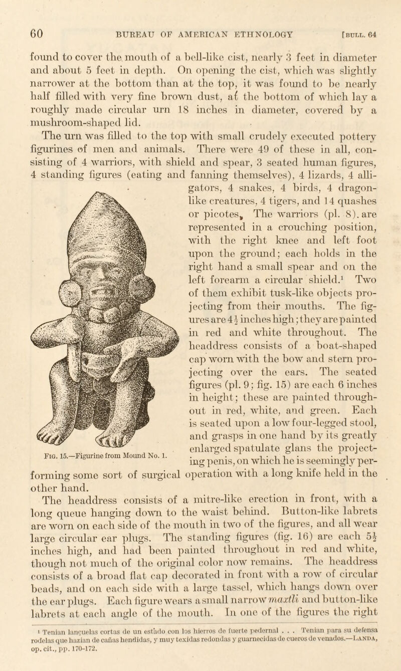 found to cover the mouth of a hell-like cist, nearly 3 feet in diameter and about 5 feet in depth. On opening the cist, which was slightly narrower at the bottom than at the top, it was found to he nearly half filled with very fine brown dust, af the bottom of which lay a roughly made circular urn 18 inches in diameter, covered by a mushroom-shaped lid. The urn was filled to the top with small crudely executed pottery figurines of men and animals. There were 49 of these in all, con¬ sisting of 4 warriors, with shield and spear, 3 seated human figures, 4 standing figures (eating and fanning themselves), 4 lizards, 4 alli¬ gators, 4 snakes, 4 birds, 4 dragon¬ like creatures, 4 tigers, and 14 quashes or picotest The warriors (pi. 8). are represented in a crouching position, with the right knee and left foot upon the ground; each holds in the right hand a small spear and on the left forearm a circular shield.1 Two of them exhibit tusk-like objects pro¬ jecting from their mouths. The fig¬ ures are 4 ] inches high; they are painted in red and white throughout. Tire headdress consists of a boat-shaped cap worn with the bow and stern pro¬ jecting over the ears. The seated figures (pi. 9; fig. 15) are each 6 inches in height; these are painted through¬ out in red, white, and green. Each is seated upon a low four-legged stool, and grasps in one hand by its greatly enlarged spatulate glans the project¬ ing penis, on which he is seemingly per- operation with a long knife held hi the Fig. 15.—Figurine from Mound No. 1. forming some sort of surgical other hand. The headdress consists of a mitre-like erection in front, with a long queue hanging down to the waist behind. Button-like labrets are worn on each side of the mouth in two of the figures, and all wear large circular ear plugs. The standing figures (fig. 16) are each 51 inches high, and had been painted throughout in red and white, though not much of the original color now remains. The headdress consists of a broad flat cap decorated in front with a row of circular beads, and on each side with a large tassel, which hangs down over the ear plugs. Each figure wears a small narrow maxtli and button-like labrets at each angle of the mouth. In one of the figures the right 1 Tenian laru/uelas eortas do un est'ado con los hlorros do fuerte pedornal . . . Tenian para su defensa rodclas quo hazian do cafias hendidas, y muy texidas redondas y guarnecidas do cuoros do venados.—Landa, op. cit., pp. 170-172.