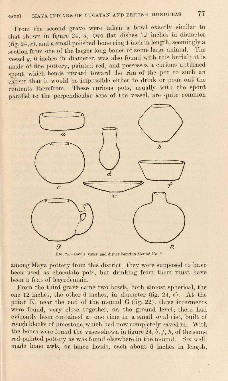 From the second grave were taken a bowl exactly similar to that shown in figure 24, a, two flat dishes 12 inches in diameter (fig. 24, e), and a small polished bone ring 1 inch in length, seemingly a section from one of the larger long bones of some largo animal. The vessel g, 6 inches in diameter, was also found with this burial; it is made of fine pottery, painted red, and possesses a curious upturned spout, which bends inward toward the rim of the pot to such an extent that it would be impossible either to drink or pour out the contents therefrom. These curious pots, usually with the spout parallel to the perpendicular axis of the vessel, are quite common among Maya pottery from this district; they were supposed to have been used as chocolate pots, but drinking from them must have been a feat of legerdemain. From the third grave came two bowls, both almost spherical, the one 12 inches, the other 6 inches, in diameter (fig. 24, c). At the point K, near the end of the mound G (fig. 22), three interments were found, very close together, on the ground level; these had evidently been contained at one time in a small oval cist, built of rough blocks of limestone, which had now completely caved in. With the bones were found the vases shown in figure 24,1>, J\ h, of the same red-painted pottery as was found elsewhere in the mound. Six well- made bone awls, or lance heads, each about 6 inches in length,