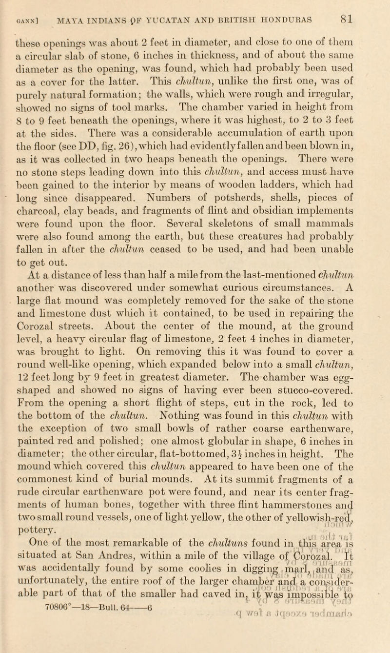 theso openings was about 2 feet in diameter, and close to one of them a circular slab of stone, 6 inches in thickness, and of about the same diameter as the opening, was found, which had probably been used as a cover for the latter. This chultun, unlike the first one, was of purely natural formation; the walls, which were rough and irregular, showed no signs of tool marks. The chamber varied in height from S to 9 feet beneath the openings, where it was highest, to 2 to 3 feet at the sides. There was a considerable accumulation of earth upon the floor (see DD, fig. 26), which had evidently fallen and been blown in, as it was collected in two heaps beneath the openings. There were no stone steps leading down into this chultun, and access must have been gained to the interior by means of wooden ladders, which had long since disappeared. Numbers of potsherds, shells, pieces of charcoal, clay beads, and fragments of flint and obsidian implements were found upon the floor. Several skeletons of small mammals were also found among the earth, but these creatures had probably fallen in after the chultun ceased to be used, and had been unable to get out. At a distance of less than half a mile from the last-mentioned chultun another was discovered under somewhat curious circumstances. A large fiat mound was completely removed for the sake of the stone and limestone dust which it contained, to be used in repairing the Corozal streets. About the center of the mound, at the ground level, a heavy circular flag of limestone, 2 feet 4 inches in diameter, was brought to fight. On removing this it was found to cover a round well-like opening, which expanded below into a small chultun, 12 feet long by 9 feet in greatest diameter. The chamber was egg- shaped and showed no signs of having ever been stucco-covered. From the opening a short flight of steps, cut in the rock, led to the bottom of the chultun. Nothing was found in tins chultun with the exception of two small bowls of rather coarse earthenware, painted red and polished; one almost globular in shape, 6 inches in diameter; the other circular, flat-bottomed, 34 inches in height. The mound which covered this chultun appeared to have been one of the commonest kind of burial mounds. At its summit fragments of a rude circular earthenware pot were found, and near its center frag¬ ments of human bones, together with three flint hammerstones and two small round vessels, one of light yellow, the other of yellowish-red, ., 11 \01 n 7/ pottery. One of the most remarkable of the chultuns found in this area is situated at San Andres, within a mile of the village of Corozal. Id was accidentally found by some coolies in digging , marl, and as, unfortunately, the entire roof of the larger chamber and a consider¬ able part of that of the smaller had caved in, it was impossible to _<< nnfiiom /orTT 70806 —18—Bull. 64-6 q wot a jqeoxe 'lodruano