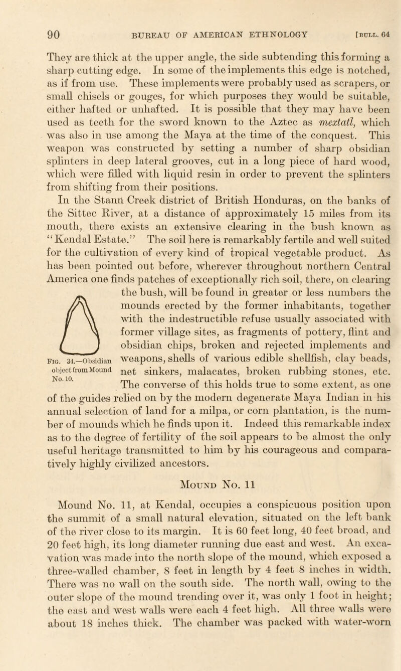 They are thick at the upper angle, the side subtending this forming a sharp cut ting edge. In some of the implements this edge is notched, as if from use. These implements were probably used as scrapers, or small chisels or gouges, for which purposes they would be suitable, either hafted or unhafted. It is possible that they may have been used as teeth for the sword known to the Aztec as mextatl, which was also in use among the Maya at the time of the conquest. This weapon was constructed by setting a number of sharp obsidian splinters in deep lateral grooves, cut in a long piece of hard wood, which were filled with liquid resin in order to prevent the splinters from shifting from their positions. In the Stann Creek district of British Honduras, on the banks of the Sittec River, at a distance of approximately 15 miles from its mouth, there exists an extensive clearing in the bush known as “Kendal Estate.” The soil here is remarkably fertile and well suited for the cultivation of every kind of tropical vegetable product. As has been pointed out before, wherever throughout northern Central America one finds patches of exceptionally rich soil, there, on clearing A the bush, will be found in greater or less numbers the mounds erected by the former inhabitants, together with the indestructible refuse usually associated with former village sites, as fragments of pottery, flint and obsidian chips, broken and rejected implements and fig. 34—obsidian weapons, shells of various edible shellfish, clay beads, object from Mound neq sinkers, uialacates, broken rubbing stones, etc. The converse of this holds true to some extent, as one of the guides relied on by the modern degenerate Maya Indian in his annual selection of land for a milpa, or corn plantation, is the num¬ ber of mounds which he finds upon it. Indeed this remarkable index as to the degree of fertility of the soil appears to be almost the only useful heritage transmitted to him by his courageous and compara¬ tively highly civilized ancestors. Mound No. 11 Mound No. 11, at Kendal, occupies a conspicuous position upon the summit of a small natural elevation, situated on the left bank of the river close to its margin. It is 60 feet long, 40 feet broad, and 20 feet high, its long diameter running due east and west. An exca¬ vation was made'into the north slope of the mound, which exposed a three-walled chamber, 8 foot hi length by 4 feet 8 inches in width. There was no wall on the south side. The north wall, owing to the outer slope of the mound trending over it, was only 1 foot in height; the east and west walls were each 4 feet high. All three walls were about 18 inches thick. The chamber was packed with water-worn