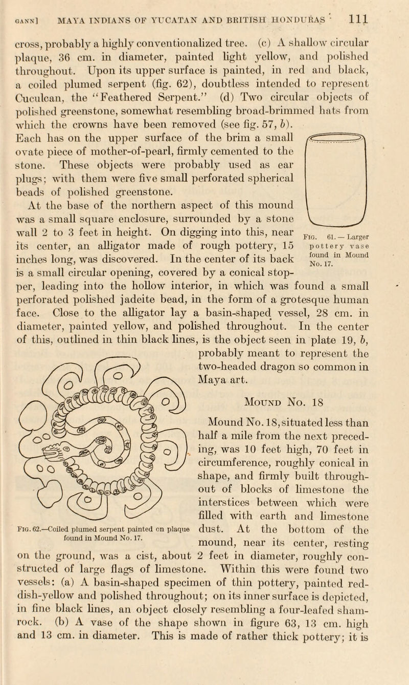 Fig. 61. — Larger pottery vase found in Mound No. 17. cross, probably a highly conventionalized tree, (c) A shallow circular plaque, 36 cm. in diameter, painted light yellow, and polished throughout. Upon its upper surface is painted, in red and black, a coiled plumed serpent (fig. 62), doubtless intended to represent Cuculcan, the Feathered Serpent.” (d) Two circular objects of polished greenstone, somewhat resembling broad-brimmed hats from which the crowns have been removed (see fig. 57, b). Each has on the upper surface of the brim a small ovate piece of mother-of-pearl, firmly cemented to the stone. These objects were probably used as ear plugs; with them were five small perforated spherical beads of polished greenstone. At the base of the northern aspect of this mound was a small square enclosure, surrounded by a stone wall 2 to 3 feet in height. On digging into this, near its center, an alligator made of rough pottery, 15 inches long, was discovered. In the center of its back is a small circular opening, covered by a conical stop¬ per, leading into the hollow interior, in which was found a small perforated polished jadeite bead, in the form of a grotesque human face. Close to the alligator lay a basin-shaped, vessel, 28 cm. in diameter, painted yellow, and polished throughout. In the center of this, outlined in thin black lines, is the object seen in plate 19, b, probably meant to represent the two-headed dragon so common in Maya art. Mound No. 18 Mound No. 18,situated less than half a mile from the next preced¬ ing, was 10 feet high, 70 feet in circumference, roughly conical in shape, and firmly built through¬ out of blocks of limestone the interstices between which were filled with earth and limestone dust. At the bottom of the mound, near its center, resting on the ground, was a cist, about 2 feet in diameter, roughly con¬ structed of large flags of limestone. Within this were found two vessels: (a) A basin-shaped specimen of thin pottery, painted red- dish-yellow and polished throughout; on its inner surface is depicted, in fine black lines, an object closely resembling a four-leafed sham¬ rock. (b) A vase of the shape shown in figure 63, 13 cm. high and 13 cm. in diameter. This is made of rather thick pottery; it is Fig. 62.—Coiled plumed serpent painted on plaque found in Mound No. 17.