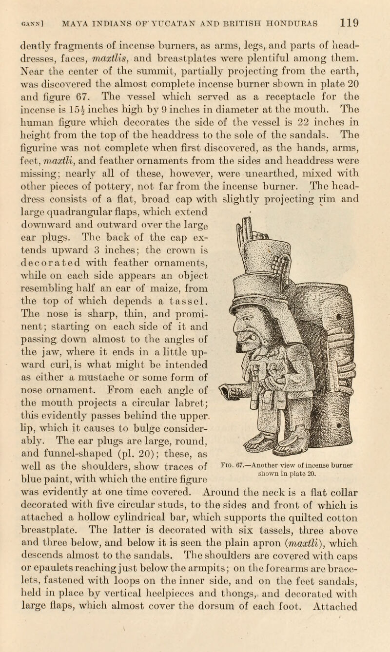 den tly fragments of incense burners, as arms, legs, and parts of head¬ dresses, faces, maxtlis, and breastplates were plentiful among them. Near the center of the summit, partially projecting from the earth, was discovered the almost complete incense burner shown in plate 20 and figure 67. The vessel which served as a receptacle for the incense is 15£ inches high by 9 inches in diameter at the mouth. The human figure which decorates the side of the vessel is 22 inches in height from the top of the headdress to the sole of the sandals. The figurine was not complete when first discovered, as the hands, arms, feet, maxtli, and feather ornaments from the sides and headdress were missing; nearly all of these, howeyer, were unearthed, mixed with other pieces of pottery, not far from the incense burner. The head¬ dress consists of a flat, broad cap with slightly projecting rim and large quadrangular flaps, which extend downward and outward over the large ear plugs. The back of the cap ex¬ tends upward 3 inches; the crown is decorated with feather ornaments, while on each side appears an object resembling half an ear of maize, from the top of which depends a tassel. Tlie nose is sharp, thin, and promi¬ nent; starting on each side of it and passing down almost to the angles of the jaw, where it ends in a little up¬ ward curl, is what might be intended as either a mustache or some form of nose ornament. From each angle of the mouth projects a circular labret; this evidently passes behind the upper lip, which it causes to bulge consider¬ ably. The ear plugs are large, round, and funnel-shaped (pi. 20); these, as well as the shoulders, show traces of blue paint, with which the entire figure was evidently at one time covered. Around the neck is a flat collar decorated with five circular studs, to the sides and front of which is attached a hollow cylindrical bar, which supports the quilted cotton breastplate. The latter is decorated with six tassels, three above and three below, and below it is seen the plain apron {maxtli), which descends almost to the sandals. The shoulders are covered with caps or epaulets reaching j ust below the armpits; on the forearms are brace¬ lets, fastened with loops on the inner side, and on the feet sandals, held in place by vertical heelpieces and thongs, and decorated with large flaps, which almost cover the dorsum of each foot. Attached Fig. 67.—Another view of incense burner shown in plate 20.