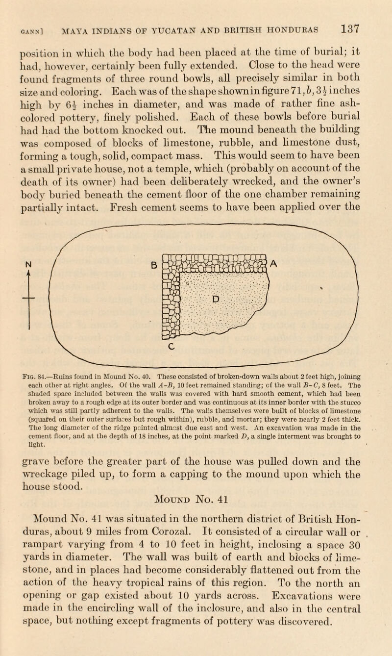 position in which the body had boon placed at the time of burial; it had, however, certainly been fully extended. Close to the head wore found fragments of three round bowls, all precisely similar in both size and coloring. Each was of the shape shown in figure 71, b, 31 inches high by inches in diameter, and was made of rather fine ash- colored pottery, finely polished. Each of these bowls before burial had had the bottom knocked out. The mound beneath the building was composed of blocks of limestone, rubble, and limestone dust, forming a tough, solid, compact mass. Tins would seem to have been a small private house, not a temple, winch (probably on account of the death of its owner) had been deliberately wrecked, and the owner’s body buried beneath the cement floor of the one chamber remaining partially intact. Fresh cement seems to have been applied over the Fig. 84.—Ruins found in Mound No. 40. These consisted of broken-down wads about 2 feet high, joining each other at right angles. Of the wall A-B, 10 feet remained standing; cf the wall B-C, 8 feet. The shaded space included between the walls was covered with hard smooth cement, which had been broken away to a rough edge at its outer border and was continuous at its inner border with the stucco which was still partly adherent to the walls. The walls themselves were built of blocks of limestone (squared on their outer surfaces but rough within), rubble, and mortar; they were nearly 2 feet tliick. The long diameter of the ridge pointed almost due east and west. An excavation was made in the cement floor, and at the depth of 18 inches, at the point marked D, a single interment was brought to light. grave before the greater part of the house was pulled down and the wreckage piled up, to form a capping to the mound upon which the house stood. Mound No. 41 Mound No. 41 was situated in the northern district of British Plon- duras, about 9 miles from Corozal. It consisted of a circular wall or rampart varying from 4 to 10 feet in height, inclosing a space 30 yards in diameter. The wall was built of earth and blocks of lime¬ stone, and in places had become considerably flattened out from the action of the heavy tropical rains of tins region. To the north an opening or gap existed about 10 yards across. Excavations were made in the encircling wall of the inclosure, and also in the central space, but nothing except fragments of pottery was discovered.