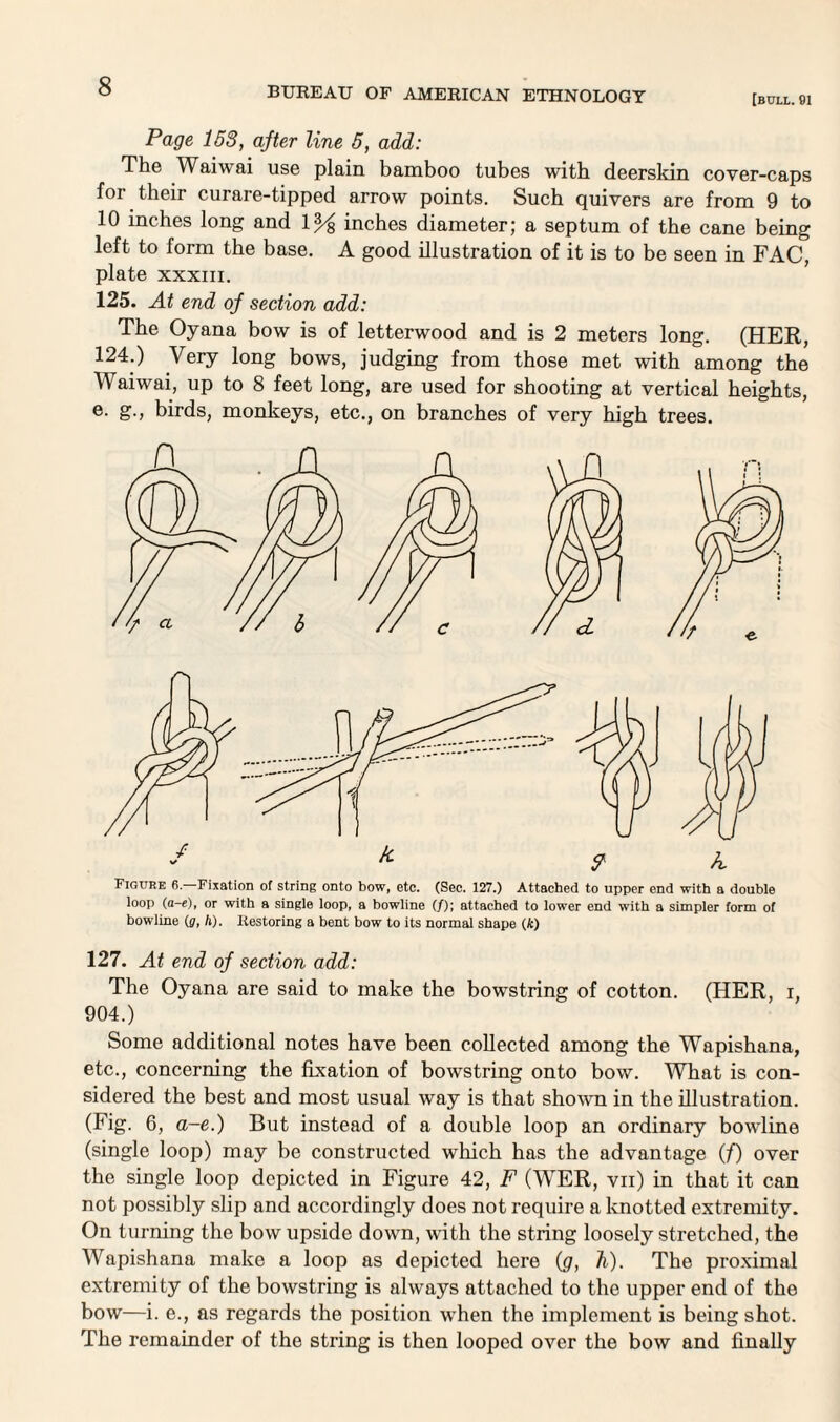 [bull. 91 Page 158, after line 5, add: The Waiwai use plain bamboo tubes with deerskin cover-caps for their curare-tipped arrow points. Such quivers are from 9 to 10 inches long and 1 % inches diameter; a septum of the cane being left to form the base. A good illustration of it is to be seen in FAC, plate xxxiii. 125. At end oj section add: The Oyana bow is of letterwood and is 2 meters long. (HER, 124.) Very long bows, judging from those met with among the Waiwai, up to 8 feet long, are used for shooting at vertical heights, e. g., birds, monkeys, etc., on branches of very high trees. Figure 6. Fixation of string onto bow, etc. (Sec. 127.) Attached to upper end with a double loop (a-e), or with a single loop, a bowline (/); attached to lower end with a simpler form of bowline (g, h). liestoring a bent bow to its normal shape (fc) 127. At end oj section add: The Oyana are said to make the bowstring of cotton. (HER, i, 904.) Some additional notes have been collected among the Wapishana, etc., concerning the fixation of bowstring onto bow. What is con¬ sidered the best and most usual way is that shown in the illustration. (Fig. 6, a-e.) But instead of a double loop an ordinary bowline (single loop) may be constructed which has the advantage (/) over the single loop depicted in Figure 42, F (WER, vii) in that it can not possibly slip and accordingly does not require a knotted extremity. On turning the bow upside down, with the string loosely stretched, the Wapishana make a loop as depicted here (g, Ji). The proximal extremity of the bowstring is always attached to the upper end of the bow—i. e., as regards the position when the implement is being shot. The remainder of the string is then looped over the bow and finally