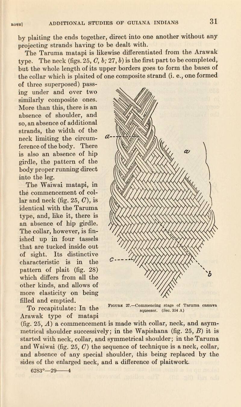 by plaiting the ends together, direct into one another without any projecting strands having to be dealt with. The Taruma matapi is likewise differentiated from the Arawak type. The neck (figs. 25, C, b; 27, b) is the first part to be completed, but the whole length of its upper borders goes to form the bases of the collar which is plaited of one composite strand (i. e., one formed of three superposed) pass¬ ing under and over two similarly composite ones. More than this, there is an absence of shoulder, and so, an absence of additional strands, the width of the neck limiting the circum¬ ference of the body. There is also an absence of hip girdle, the pattern of the body proper running direct into the leg. The Waiwai matapi, in the commencement of col¬ lar and neck (fig. 25, C), is identical with the Taruma type, and, like it, there is an absence of hip girdle. The collar, however, is fin¬ ished up in four tassels that are tucked inside out of sight. Its distinctive characteristic is in the pattern of plait (fig. 28) which differs from all the other kinds, and allows of more elasticity on being filled and emptied. To recapitulate: In the Arawak type of matapi (fig. 25, A) a commencement is made with collar, neck, and asym¬ metrical shoulder successively; in the Wapishana (fig. 25, B) it is started with neck, collar, and symmetrical shoulder; in the Taruma and Waiwai (fig. 25, C) the sequence of technique is a neck, collar, and absence of any special shoulder, this being replaced by the sides of the enlarged neck, and a difference of plaitwork. 6283°—29-4 Figure 27.—Commencing stage of Taruma cassava squeezer. (Sec. 354 A)