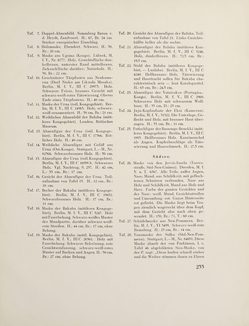 Taf. 7. Doppel-Ahnenbild. Sammlung Baron v. d. Heydt, Zandvoort. H.: 67, Br. 24 cm. Starker europäischer Einschlag. Taf. 8. Holzmaske. Ebendort. Schwarz. H.: 58, Br.: 20 cm. Taf. 9. Maske aus Egoma (Kongo). Lübeck, M. f. V., Nr. 6777. Holz. Gesichtsfläche dun¬ kelbraun, unterster Rand mittelbraun, Zickzackfläche darüber: Naturholz. H.: 38, Br.: 22 cm. Taf. 10. Geschnitzter Türpfosten aus Neukame¬ run (Dorf Ntoko am Likuala Mosaka). Berlin, M. f. V., III C 29973. Holz. Schwarze Frisur, braunes Gesicht mit schwarz-weiß-roter Tätowierung. Oberes Ende eines Türpfostens. II.: 40 cm. Taf. 11. Maske der Urua (östl. Kongogebiet). Ber¬ lin, M. f. Y., 111 C 14963. Holz, schwarz¬ weiß ornamentiert. H.: 38 cm, Br.: 21 cm. Taf. 12. Weibliches Ahnenbild der Baluba (mitt¬ leres Kongogebiet). London, Britisches Museum. Taf. 13. Ahnenfigur der Urua (östl. Kongoge¬ biet). Berlin, M. f. V., III C 17366. Röt¬ liches Holz. II.: 40 cm. Taf. 14. Weibliche Ahnenfigur mit Gefäß aus Urua (Ost-Kongo). Stuttgart, L.—M., Nr. 82366. Schwarzbraunes Holz. H.: 50 cm. Taf. 15. Ahnenfigur der Urua (östl. Kongogebiet). Berlin, M. f. V., III C 16998 b. Schwarzes Holz. Ygl. Nachtrag, S. 237. H.: 42 cm, L.: 35 cm, Br.: 17 cm. Taf. 16. Gesicht der Ahnenfigur der Urua. Teil¬ aufnahme von Tafel 15. H.: 12 cm., Br.: 10 cm. Taf. 17. Becher der Bakuba (mittleres Kongoge¬ biet). Berlin, M. f. V., III C 19652. Schwarzbraunes Holz. H.: 17 cm, Br.: 11 cm. Taf. 18. Maske der Bakuba (mittleres Kongoge¬ biet). Berlin, M. f. V., III C 3247. Holz mit Faserbehang. Schwarz-weißes Muster der Mundpartie, darüber schwarz-weiß- rote Streifen. TI.: 44 cm, Br.: 17 cm, ohne Behang. Taf. 19. Maske der Bakuba (mittl. Kongogebiet). Berlin, M. f. V., III C 26361. Holz mit Faserbehang. Schwarze Bekrönung, rote Gesichtseinfassung, schwarz-weiß-rotes Muster auf Backen und Augen. II.: 50 cm, Br.: 27 cm, ohne Behang. Taf. 20. Gesicht der Ahnenfigur der Baluba. Teil¬ aufnahme von Tafel 21. Linke Gesichts¬ hälfte heller als die rechte. Taf. 21. Ahnenfigur der Baluba (mittleres Kon¬ gogebiet). Berlin, M. f. V., III C 3246. Holz, dunkelbraun. II.: 72,5 cm, Br.: 19,5 cm. Taf. 22. Stuhl der Baluba (mittleres Kongoge¬ biet, — Lualaba). Berlin, M. f. V., III C 4240. Hellbraunes Holz. Tätowierung und Haartracht sollen für Bakuba cha¬ rakteristisch sein — laut Katalogzette]. II.: 63 cm, Br.: 24,5 cm. Taf. 23. Ahnenfigur der Vatsivokve (Portugies.- Kongo). Berlin, M. f. V., III C 2969. Schwarzes Holz mit schwarzem Woll- haar. IT: 33 cm, D.: 23 cm. Taf. 24. Juju-Kopfaufsatz der Ekoi (Kamerun). Berlin, M. f. V., 31522. Die Unterlage, Ge¬ flecht und Holz, mit brauner Haut über¬ zogen. IT: 35 cm, Br.: 11 cm. Taf. 25. Fetischfigur der Bassonge-Benekki (mitt¬ leres Kongogebiet). Berlin, M. f. V., III C 1803. Hellbraunes Holz. Kaurimuschel als Augen. Kupferbeschläge als Täto¬ wierung und Haarschmuck. H.: 27,5 cm. S ii d s e e. Taf. 26. Maske von den Jervis-Inseln (Torres- straße, Süd-Neu-Guinea). Dresden, M. f. Y. u. T. 6567. Alle Teile, außer Augen, Nase, Mund, aus Schildkröt, mit gefloch¬ tenen Schnüren verbunden. Nase aus Holz und Schildkröt, Mund aus Holz und Harz. Farbe des ganzen Gesichtes und der Nase: weiß, Mund, Gesichtsstreifen und Umrandung: rot. Ganze Hinterseite rot gefärbt. Die Maske liegt beim Tra¬ gen ziemlich wagerecht über dem Kopf, mit dem Gesicht also nach oben ge¬ wendet. II.: 138, Br.: 71, T.: 60 cm. Taf. 27. Schädelmaske aus Neu-Pommern. Ber¬ lin, M. f. Y., Y1 3499. Schwarz-weiß-rote Bemalung. H.: 23 cm, Br.: 14 cm. Taf. 28. Tanzmaske der Sulka (Süd-Neu-Pom- mern). Stuttgart, L.—M., Nr. 84651. Diese Maske ähnelt der von Parkinson, 1. c. Tafel 46 abgebildeten Sisu-Maske, von der P. sagt: „Diese laufen schnell einher und die Weiber stimmen ihnen zu Ehren