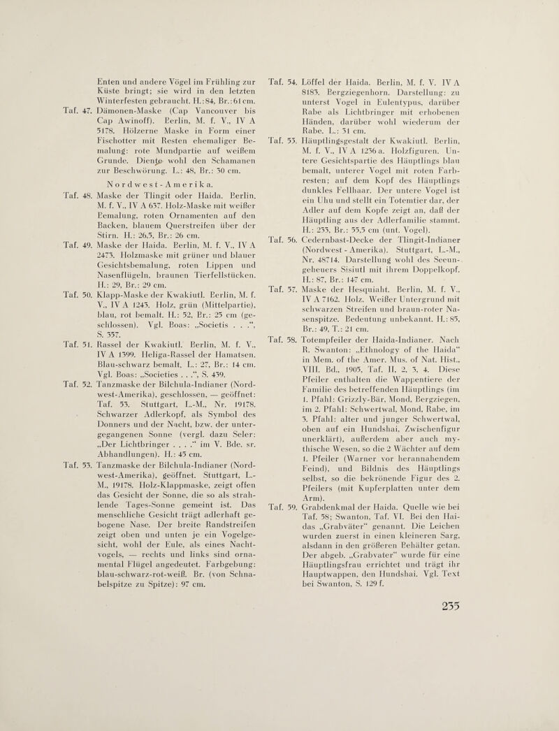 Enten und andere Vögel im Frühling zur Küste bringt; sie wird in den letzten Winterfesten gebraucht. II. :84, Br. :61cm. Taf. 47. Dämonen-Maske (Cap Vancouver bis Cap Awinoff). Eerlin, M. f. V., IV A 5178. Hölzerne Maske in Form einer Fischotter mit Resten ehemaliger Be¬ malung: rote Mundpartie auf weißem Grunde. Dien^ wohl den Schamanen zur Beschwörung. L.: 48, Br.: 50 cm. Nordwest-Amerika. Taf. 48. Maske der Tlingit oder Haida. Berlin. M. f. V., IV A 657. llolz-Maske mit weißer Bemalung, roten Ornamenten auf den Backen, blauem Querstreifen über der Stirn. II.: 26.5, Br.: 26 cm. Taf. 49. Maske der Haida. Berlin, M. f. V., IVA 2475. Holzmaske mit grüner und blauer Gesichtsbemalung, roten Lippen und Nasenflügeln, braunen Tierfellstücken. II.: 29, Br.: 29 cm. Taf. 50. Klapp-Maske der Kwakiutl. Eerlin, M. f. V., IV A 1245. Holz, grün (Mittelpartie), blau, rot bemalt. H.: 52, Br.: 25 cm (ge¬ schlossen). Vgl. Boas: „Societis . . .“, S. 557. Taf. 51. Rassel der Kwakiutl. Berlin, M. f. V., IV A 1599. Heliga-Rassel der Hamatsen. Blau-schwarz bemalt. L.: 27, Br.: 14 cm. Vgl. Boas: „Societies . . .“, S. 459. Taf. 52. Tanzmaske der Bilchula-Indianer (Nord¬ west-Amerika), geschlossen, — geöffnet: Taf. 55. Stuttgart, L.-M., Nr. 19178. Schwarzer Adlerkopf, als Symbol des Donners und der Nacht, bzw. der unter¬ gegangenen Sonne (vergl. dazu Seler: „Der Lichtbringer . . . .“ im V. Bde. sr. Abhandlungen). H.: 45 cm. Taf. 55. Tanzmaske der Bilchula-Indianer (Nord¬ west-Amerika), geöffnet. Stuttgart, L.- M., 19178. Holz-Klappmaske, zeigt offen das Gesicht der Sonne, die so als strah¬ lende Tages-Sonne gemeint ist. Das menschliche Gesicht trägt adlerhaft ge¬ bogene Nase. Der breite Randstreifen zeigt oben und unten je ein Vogelge¬ sicht, wohl der Eule, als eines Nacht¬ vogels, — rechts und links sind orna¬ mental Flügel angedeutet. Farbgebung: blau-schwarz-rot-weiß. Br. (von Schna¬ belspitze zu Spitze): 97 cm. Taf. 54. Löffel der Haida. Berlin, M. f. V. IV A 8185. Bergziegenhorn. Darstellung: zu unterst Vogel in Eulentypus, darüber Rabe als Lichtbringer mit erhobenen Händen, darüber wohl wiederum der Rabe. L.: 51 cm. Taf. 55, Häuptlingsgestalt der Kwakiutl. Berlin, M. f. V., IVA 1256a. Holzfiguren. Un¬ tere Gesichtspartie des Häuptlings blau bemalt, unterer Vogel mit roten Farb¬ resten; auf dem Kopf des Häuptlings dunkles Fellhaar. Der untere Vogel ist ein Uhu und stellt ein Totemtier dar, der Adler auf dem KojMe zeigt an, daß der Häuptling aus der Adlerfamilie stammt. H. : 255, Br.: 55,5 cm (unt. Vogel). Taf. 56. Cedernbast-Decke der Tlingit-Indianer (Nordwest - Amerika). Stuttgart, L.-M., Nr. 48714. Darstellung wohl des Seeun¬ geheuers Sisiutl mit ihrem Doppelkopf. II.: 87, Br.: 147 cm. Taf. 57. Maske der Hesquiaht. Berlin, M. f. V., IVA 7162. Holz. Weißer Untergrund mit schwarzen Streifen und braun-roter Na¬ senspitze. Bedeutung unbekannt. II.: 85. Br.: 49, T.: 21 cm. Taf. 58. Totempfeiler der Haida-Indianer. Nach R. Swanton: „Ethnology of the Haida“ in Mein, of the Amer. Mus. of Nat. Hist., VIII. Bd., 1905, Taf. II, 2, 5, 4. Diese Pfeiler enthalten die Wappentiere der Familie des betreffenden Häuptlings (im I. Pfahl: Grizzly-Bär, Mond, Bergziegen, im 2. Pfahl: Schwertwal, Mond, Rabe, im 5. Pfahl: alter und junger Schwertwal, oben auf ein Hundshai, Zwischenfigur unerklärt), außerdem aber auch my¬ thische Wesen, so die 2 Wächter auf dem 1. Pfeiler (Warner vor heran nahendem Feind), und Bildnis des Häuptlings selbst, so die bekrönende Figur des 2. Pfeilers (mit Kupferplatten unter dem Arm). Taf. 59. Grabdenkmal der Haida. Quelle wie bei Taf. 58; Swanton, Taf. VI. Bei den Hai¬ das „Grabväter“ genannt. Die Leichen wurden zuerst in einen kleineren Sarg, alsdann in den größeren Behälter getan. Der abgeb. „Grabvater“ wurde für eine Häuptlingsfrau errichtet und trägt ihr Hauptwappen, den Hundshai. Vgl. Text bei Swanton, S. 129 f.