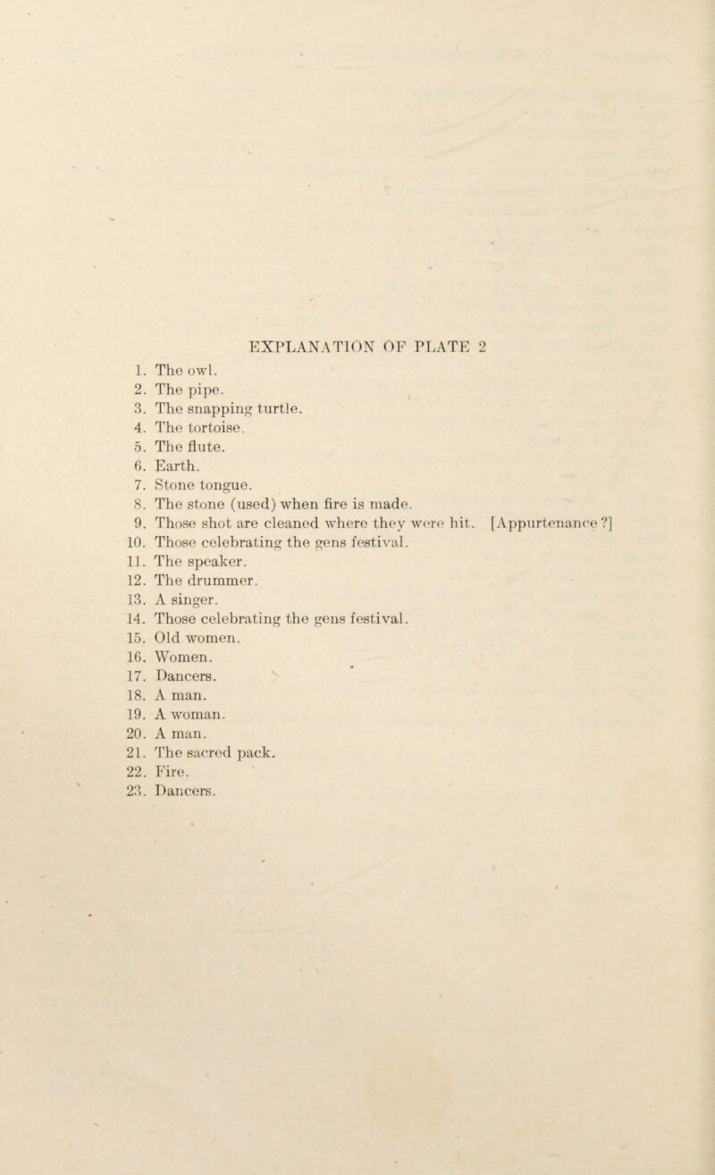 EXPLANATION OF PLATE 2 1. The owl. 2. The pipe. 3. The snapping turtle. 4. The tortoise. 5. The flute. G. Earth. 7. Stone tongue. 8. The stone (used) when fire is made. 9. Those shot are cleaned where they were hit. 10. Those celebrating the gens festival. 11. The speaker. 12. The drummer. 13. A singer. 14. Those celebrating the gens festival. 15. Old women. 16. Women. * 17. Dancers. 18. A man. 19. A woman. 20. A man. 21. The sacred pack. 22. Fire. 23. Dancers. [Appurtenance ?]