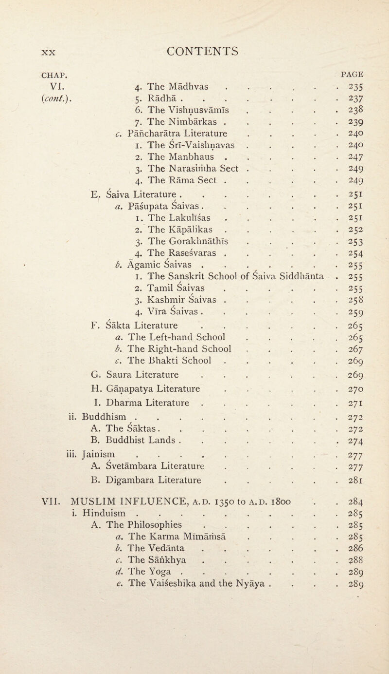 CHAP. PAGE VI. 4. The Madhvas ...... 235 (1cont.). 5. Radha .... .... 237 6. The Vishnusvamis ..... 238 7. The Nimbarkas ..239 c. Pancharatra Literature ..... 240 / 1. The SrI-Vaishnavas ..... 240 2. The Manbhaus.247 3. The Narasiriiha Sect.249 4. The Rama Sect ...... 249 E. Saiva Literature.. . .251 r a. Pasupata Saivas. . . . . . .251 1. The Lakullsas ...... 251 2. The Kapalikas ...... 252 3. The Gorakhnathls . . . . . 253 4. The Rasesvaras ..254 b. Agamic Saivas . 255 1. The Sanskrit School of Saiva Siddhanta . 255 2. Tamil Saivas . . . . . . 255 / 3. Kashmir Saivas . . . . .258 / 4. Vlra Saivas ....... 259 F. Sakta Literature ....... 265 a. The Left-hand School ..... 265 b. The Right-hand School ..... 267 c. The Bhakti School ..269 G. Saura Literature .. 269 H. Ganapatya Literature ...... 270 I. Dharma Literature . . . . . . .271 ii. Buddhism.. 272 A. The Saktas ......... 272 B. Buddhist Lands.274 iii. Jainism.277 A. Svetambara Literature. 277 B. Digambara Literature ..281 VII. MUSLIM INFLUENCE, a.d. 1350 to a.d. 1800 . . 284 i. Hinduism.. 285 A. The Philosophies.. 285 a. The Karma Mlmaihsa . . . . .285 b. The Vedanta ....... 286 c. The Sankhya ....... 288 d. The Yoga ........ 289 e. The Vaiseshika and the Nyaya .... 289