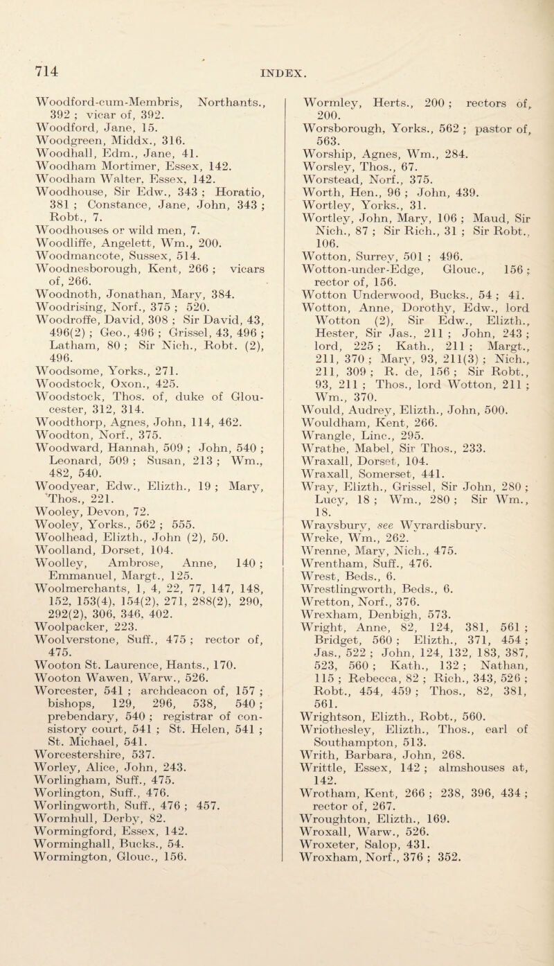Woodford-cum-Membris, Northants., 392 ; vicar of, 392. Woodford, Jane, 15. Woodgreen, Middx., 316. Woodhall, Edm., Jane, 41. Woodham Mortimer, Essex, 142. Woodham Walter, Essex, 142. Woodhouse, Sir Edw., 343 ; Horatio, 381 ; Constance, Jane, John, 343 ; Robt., 7. Woodhouses or wild men, 7. Woodliffe, Angelett, Wm., 200. Woodrnancote, Sussex, 514. Woodnesborough, Kent, 266 ; vicars of, 266. Woodnoth, Jonathan, Mary, 384. Woodrising, Norf., 375 ; 520. Woodroffe, David, 308 ; Sir David, 43, 496(2) ; Geo., 496 ; Grissel, 43, 496 ; Latham, 80 ; Sir Nich., Robt. (2), 496. Woodsome, Yorks., 271. Woodstock, Oxon., 425. Woodstock, Thos. of, duke of Glou¬ cester, 312, 314. Woodthorp, Agnes, John, 114, 462. Woodton, Norf., 375. Woodward, Hannah, 509 ; John, 540 ; Leonard, 509 ; Susan, 213 ; Wm., 482, 540. Woodyear, Edw., Elizth., 19 ; Mary, Thos., 221. Wooley, Devon, 72. Wooley, Yorks., 562 ; 555. Woolhead, Elizth., John (2), 50. Woolland, Dorset, 104. Woolley, Ambrose, Anne, 140 ; Emmanuel, Margt., 125. Woolmerchants, 1, 4, 22, 77, 147, 148, 152, 153(4), 154(2), 271, 288(2), 290, 292(2), 306, 346, 402. Woolpacker, 223. Woolverstone, Suff., 475 ; rector of, 475. Wooton St. Laurence, Hants., 170. Wooton Wawen, Warw., 526. Worcester, 541 ; archdeacon of, 157 ; bishops, 129, 296, 538, 540 ; prebendary, 540 ; registrar of con¬ sistory court, 541 ; St. Helen, 541 ; St. Michael, 541. Worcestershire, 537. Worley, Alice, John, 243. Worlingham, Suff., 475. Worlington, Suff., 476. Worlingworth, Suff., 476 ; 457. Wormhull, Derby, 82. Wormingford, Essex, 142. Worminghall, Bucks., 54. Wormington, Glouc., 156. Wormley, Herts., 200 ; rectors of, 200. Worsborough, Yorks., 562 ; pastor of, 563. Worship, Agnes, Wm., 284. Worsley, Thos., 67. Worstead, Norf., 375. Worth, Hen., 96 ; John, 439. Wortley, Yorks., 31. Wortley, John, Mary, 106 ; Maud, Sir Nich., 87 ; Sir Rich., 31 ; Sir Robt., 106. Wotton, Surrey, 501 ; 496. Wotton-under-Edge, Glouc., 156; rector of, 156. Wotton Underwood, Bucks., 54 ; 41. Wotton, Anne, Dorothy, Edw., lord Wotton (2), Sir Edw., Elizth., Hester, Sir Jas., 211 ; John, 243 ; lord, 225 ; Kath., 211 ; Margt., 211, 370; Mary, 93, 211(3); Nich., 211, 309; R. de, 156; Sir Robt., 93, 211 ; Thos., lord Wotton, 211 ; Wm., 370. Would, Audrey, Elizth., John, 500. Wouldham, Kent, 266. Wrangle, Line., 295. Wrathe, Mabel, Sir Thos., 233. Wraxall, Dorset, 104. Wraxall, Somerset, 441. Wray, Elizth., Grissel, Sir John, 280 ; Luev, 18; Wm., 280; Sir Wm., 18. ^ Wraysbury, see Wyrardisbury. Wrelm, Wm., 262. Wrenne, Mary, Nich., 475. Wrentham, Suff., 476. Wrest, Beds., 6. Wrestlingworth, Beds., 6. Wretton, Norf., 376. Wrexham, Denbigh, 573. Wright, Anne, 82, 124, 381, 561 ; Bridget, 560 ; Elizth., 371, 454 ; Jas., 522 ; John, 124, 132, 183, 387, 523, 560 ; Kath., 132 ; Nathan, 115 ; Rebecca, 82 ; Rich., 343, 526 ; Robt., 454, 459 ; Thos., 82, 381, 561. Wrightson, Elizth., Robt., 560. Wriothesley, Elizth., Thos., earl of Southampton, 513. Writh, Barbara, John, 268. Writtle, Essex, 142 ; almshouses at, 142. Wrotham, Kent, 266 ; 238, 396, 434 ; rector of, 267. Wroughton, Elizth., 169. Wroxall, Warw., 526. Wroxeter, Salop, 431. Wroxham, Norf., 376 ; 352.