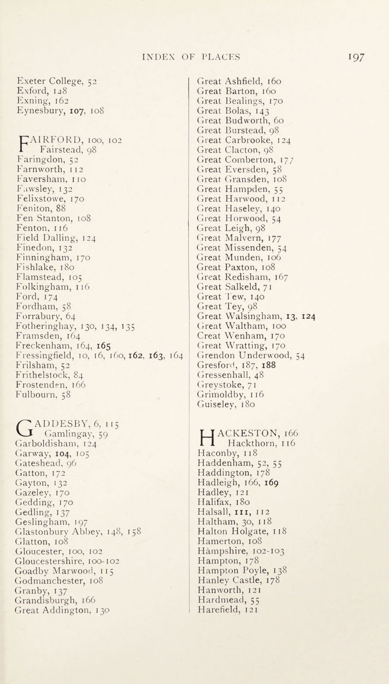 Exeter College, 52 Exford, 148 Exning, 162 Eynesbury, 107, ro8 'C'AIRFORD, 100, 102 1 Fairstead, 98 Faringdon, 52 Earn worth, 112 Faversham, 110 Fawsley, 132 Felixstowe, 170 Feniton, 88 Fen Stanton, 108 Fenton, 116 Field Falling, 124 Finedon, 132 Finningham, 170 Fishlake, 180 Flamstead, 105 Folkingham, 116 Ford, 174 Fordham, 58 Forrabury, 64 Fotheringhay, 130, 134, 135 Framsden, 164 Freckenham, 164, 165 Great Ashfield, 160 Great Barton, 160 Great Bealings, 170 Great Bolas, 143 Great Bud worth, 60 Great Burstead, 98 Great Carbrooke, 124 Great Clacton, 98 Great Comberton, 177 Great Eversden, 58 Great Gransden, 108 Great Hampden, 55 Great Harwood, 112 Great Haseley, 140 Great H or wood, 54 Great Leigh, 98 Great Malvern, 177 Great Missenden, 54 Great Munden, 106 Great Paxton, 108 Great Redisham, 167 Great Salkeld, 71 Great l ew, 140 Great Tey, 98 Great Walsingham, 13, 124 Great Waltham, 100 Creat Wenham, 170 Great Wratting, 170 Grendon Underwood, 54 Gresford, 187, 188 Gressenhall, 48 Greystoke, 71 Grimoldby, 116 Guiselev, 180 Fressingfield, 10, 16, 160, 162, 163, 164 Frilsham, 52 Frithelstock, 84 Frostenden, 166 Fulbourn, 58 GADDESBY, 6, 1 15 Gamlingay, 59 Garboldisham, 124 Garway, 104, 105 Gateshead, 96 Gatton, 172 Gayton, 132 Gazeley, 170 Gedding, 170 Gedling, 137 Geslingham, 197 Glastonbury Abbey, 148, 158 Glatton, 108 Gloucester, 100, 102 Gloucestershire, 100-102 Goadby Marwood, 115 Godmanchester, 108 Granby, 137 Grandisburgh, 166 Great Addington, 130 HACKESTON, 166 Hackthorn, 116 Haconby, 118 Haddenham, 52, 55 Haddington, 178 Hadleigh, 166, 169 Hadley, 121 Halifax, 180 Halsall, hi, 112 Haltham, 30, 118 Halton Holgate, 118 Hamerton, 108 Hampshire, 102-103 Hampton, 178 Hampton Poyle, 138 Hanley Castle, 178 Hanworth, 121 Hardmead, 55 Harefield, 121