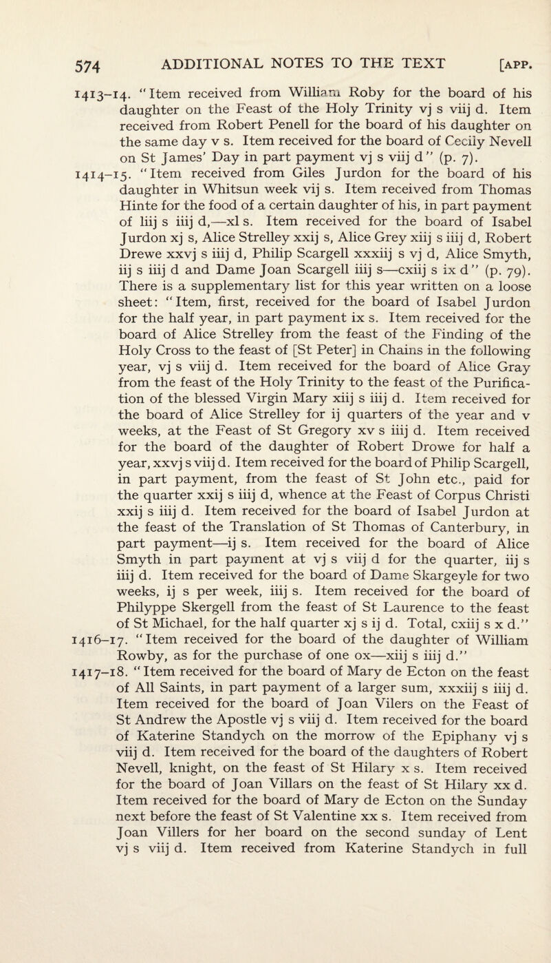 1413- 14. “Item received from William Roby for the board of his daughter on the Feast of the Holy Trinity vj s viij d. Item received from Robert Penell for the board of his daughter on the same day v s. Item received for the board of Cecily Nevell on St James’ Day in part payment vj s viij d (p. 7). 1414- 15. “Item received from Giles Jurdon for the board of his daughter in Whitsun week vij s. Item received from Thomas Hinte for the food of a certain daughter of his, in part payment of liij s iiij d,—xl s. Item received for the board of Isabel Jurdon xj s, Alice Strelley xxij s, Alice Grey xiij s iiij d, Robert Drewe xxvj s iiij d, Philip Scargell xxxiij s vj d, Alice Smyth, iij s iiij d and Dame Joan Scargell iiij s—cxiij s ix d” (p. 79). There is a supplementary list for this year written on a loose sheet: “Item, first, received for the board of Isabel Jurdon for the half year, in part payment ix s. Item received for the board of Alice Strelley from the feast of the Finding of the Holy Cross to the feast of [St Peter] in Chains in the following year, vj s viij d. Item received for the board of Alice Gray from the feast of the Holy Trinity to the feast of the Purifica¬ tion of the blessed Virgin Mary xiij s iiij d. Item received for the board of Alice Strelley for ij quarters of the year and v weeks, at the Feast of St Gregory xv s iiij d. Item received for the board of the daughter of Robert Drowe for half a year, xxvj s viij d. Item received for the board of Philip Scargell, in part payment, from the feast of St John etc., paid for the quarter xxij s iiij d, whence at the Feast of Corpus Christi xxij s iiij d. Item received for the board of Isabel Jurdon at the feast of the Translation of St Thomas of Canterbury, in part payment—ij s. Item received for the board of Alice Smyth in part payment at vj s viij d for the quarter, iij s iiij d. Item received for the board of Dame Skargeyle for two weeks, ij s per week, iiij s. Item received for the board of Philyppe Skergell from the feast of St Laurence to the feast of St Michael, for the half quarter xj s ij d. Total, cxiij s x d.” 1416- 17. “Item received for the board of the daughter of William Rowby, as for the purchase of one ox—xiij s iiij d.” 1417- 18. “ Item received for the board of Mary de Ecton on the feast of All Saints, in part payment of a larger sum, xxxiij s iiij d. Item received for the board of Joan Vilers on the Feast of St Andrew the Apostle vj s viij d. Item received for the board of Katerine Standych on the morrow of the Epiphany vj s viij d. Item received for the board of the daughters of Robert Nevell, knight, on the feast of St Hilary x s. Item received for the board of Joan Villars on the feast of St Hilary xx d. Item received for the board of Mary de Ecton on the Sunday next before the feast of St Valentine xx s. Item received from Joan Villers for her board on the second Sunday of Lent vj s viij d. Item received from Katerine Standych in full