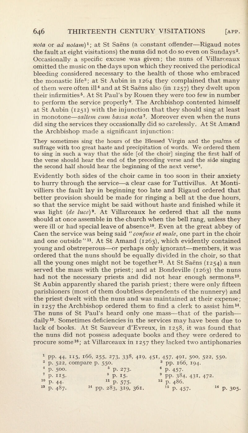 nota or ad notam)1; at St Saens (a constant offender—Rigaud notes the fault at eight visitations) the nuns did not do so even on Sundays2. Occasionally a specific excuse was given; the nuns of Villarceaux omitted the music on the days upon which they received the periodical bleeding considered necessary to the health of those who embraced the monastic life3; at St Aubin in 1264 they complained that many of them were often ill4 and at St Saens also (in 1257) they dwelt upon their infirmities5. At St Paul’s by Rouen they were too few in number to perform the service properly6. The Archbishop contented himself at St Aubin (1251) with the injunction that they should sing at least in monotone—saltern cum bassa nota1. Moreover even when the nuns did sing the services they occasionally did so carelessly. At St Amand the Archbishop made a significant injunction: They sometimes sing the hours of the Blessed Virgin and the psalms of suffrage with too great haste and precipitation of words. We ordered them to sing in such a way that the side [of the choir] singing the first half of the verse should hear the end of the preceding verse and the side singing the second half should hear the beginning of the next verse8. Evidently both sides of the choir came in too soon in their anxiety to hurry through the service—a clear case for Tuttivillus. At Monti- villiers the fault lay in beginning too late and Rigaud ordered that better provision should be made for ringing a bell at the due hours, so that the service might be said without haste and finished while it was light (de luce)9. At Villarceaux he ordered that all the nuns should at once assemble in the church when the bell rang, unless they were ill or had special leave of absence10. Even at the great abbey of Caen the service was being said “ confuse et male, one part in the choir and one outside”11. At St Amand (1263), which evidently contained young and obstreperous—or perhaps only ignorant—members, it was ordered that the nuns should be equally divided in the choir, so that all the young ones might not be together12. At St Saens (1254) a nun served the mass with the priest; and at Bondeville (1263) the nuns had not the necessary priests and did not hear enough sermons13. St Aubin apparently shared the parish priest; there were only fifteen parishioners (most of them doubtless dependents of the nunnery) and the priest dwelt with the nuns and was maintained at their expense; in 1257 the Archbishop ordered them to find a clerk to assist him14. The nuns of St Paul’s heard only one mass—that of the parish— daily15. Sometimes deficiencies in the services may have been due to lack of books. At St Sauveur d’Evreux, in 1258, it was found that the nuns did not possess adequate books and they were ordered to procure some16; at Villarceaux in 1257 they lacked two antiphonaries 1 2 4 7 10 13 pp. 44, 115, 166, 255, 273, 338, 419, 451, 457, 491, 500, 522, 550. p. 522, compare p. 550. 3 pp. 166, 194. p. 500. 5 p. 273. p. 115. 8 p. 15. P- 44- 11 P- 575- 6 P- 457- 9 PP- 384. 43B 472. p. 486. p. 487. 14 pp. 283, 319, 361. 15 P- 457- 12 16 P- 305.