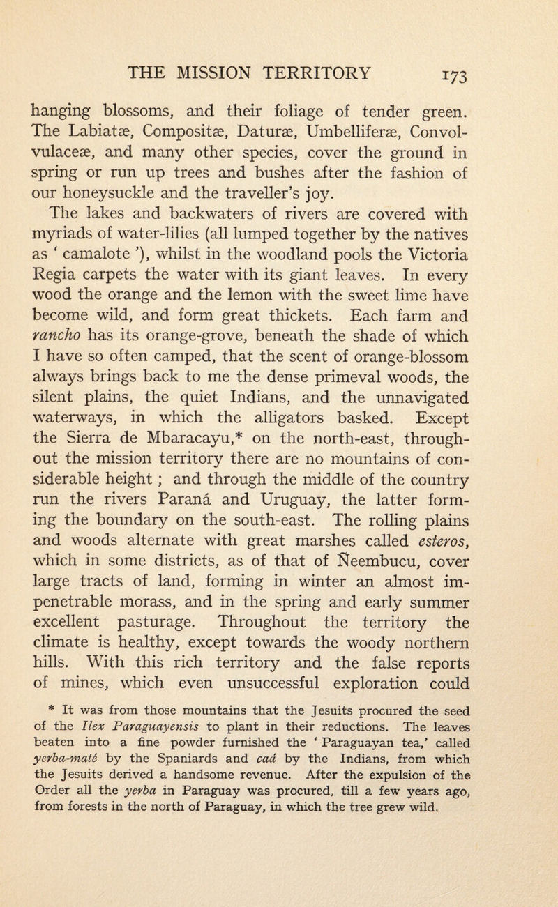hanging blossoms, and their foliage of tender green. The Labiatae, Compositae, Daturae, Umbelliferae, Convol- vulaceae, and many other species, cover the ground in spring or run up trees and bushes after the fashion of our honeysuckle and the traveller’s joy. The lakes and backwaters of rivers are covered with myriads of water-lilies (all lumped together by the natives as ‘ camalote ’), whilst in the woodland pools the Victoria Regia carpets the water with its giant leaves. In every wood the orange and the lemon with the sweet lime have become wild, and form great thickets. Each farm and rancho has its orange-grove, beneath the shade of which I have so often camped, that the scent of orange-blossom always brings back to me the dense primeval woods, the silent plains, the quiet Indians, and the unnavigated waterways, in which the alligators basked. Except the Sierra de Mbaracayu,* on the north-east, through¬ out the mission territory there are no mountains of con¬ siderable height; and through the middle of the country run the rivers Parana and Uruguay, the latter form¬ ing the boundary on the south-east. The rolling plains and woods alternate with great marshes called esteros, which in some districts, as of that of Neembucu, cover large tracts of land, forming in winter an almost im¬ penetrable morass, and in the spring and early summer excellent pasturage. Throughout the territory the climate is healthy, except towards the woody northern hills. With this rich territory and the false reports of mines, which even unsuccessful exploration could * It was from those mountains that the Jesuits procured the seed of the Ilex Paraguayensis to plant in their reductions. The leaves beaten into a fine powder furnished the ‘ Paraguayan tea,’ called yerha-mate by the Spaniards and cad by the Indians, from which the Jesuits derived a handsome revenue. After the expulsion of the Order all the yerba in Paraguay was procured, till a few years ago, from forests in the north of Paraguay, in which the tree grew wild.