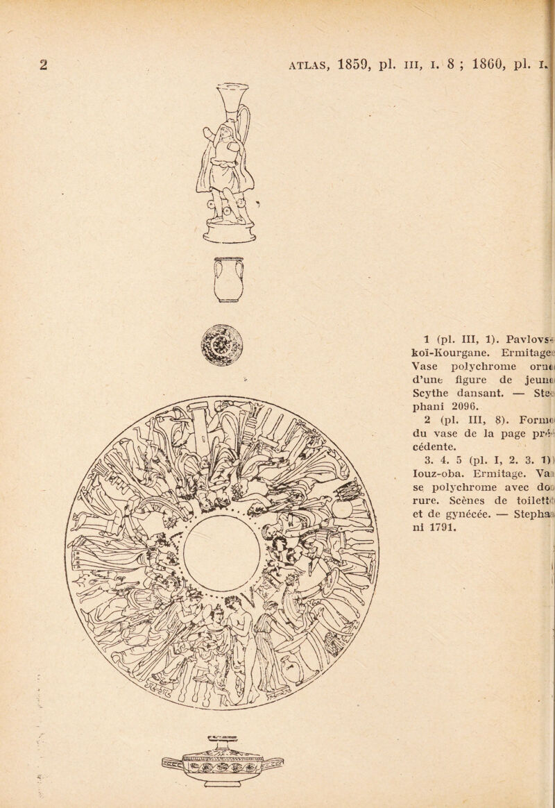 wftt * 1 (pl. III, 1). Pavlovs- koï-Kourgane. Ermitage Vase polychrome ora(i. d’une figure de jeunui Scythe dansant. — StC' phani 2096. 2 (pl. III, 8). Forme du vase de la page pré cédente. 3. 4. 5 (pl. I, 2. 3. 1) Iouz-oba. Ermitage. Va se jjolychrome avec do rure. Scènes de toilett' et de gynécée. — Stepha ni 1791.