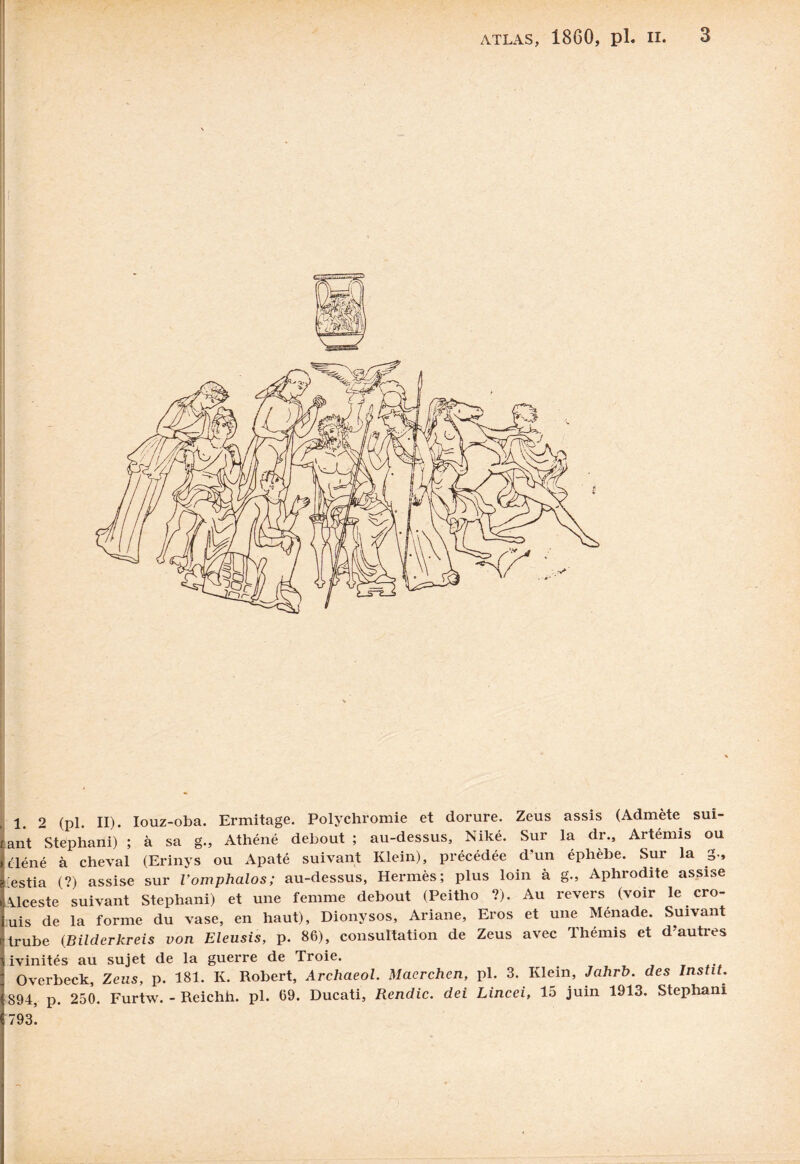 1. 2 (pl. II). Iouz-oba. Ermitage. Polychromie et dorure. Zeus assis (Admète sui- ant Stephani) ; à sa g., Athéné debout ; au-dessus, Niké. Sur la dr., Artémis ou éléné à cheval (Erinys ou Apaté suivant Klein), précédée d’un éphèbe. Sur la g., iestia (’) assise sur Vomphalos; au-dessus, Hermès; plus loin à g., Aphrodite assise Alceste suivant Stephani) et une femme debout (Peitho ?). Au revers (voir le cro- uis de la forme du vase, en haut), Dionysos, Ariane, Eros et une Ménade. Suivant trube (Bilderkreis von Eleusis, p. 86), consultation de Zeus avec Thémis et d’autres ivinités au sujet de la guerre de Troie. Overbeck, Zeus, p. 181. K. Robert, Archaeol. Macrchen, pl. 3. Klein, Jahrb. des Instit. 894, p. 250. Furtw. - Reichh. pl. 69. Ducati, Rendic. dei Lincei, 15 juin 1913. Stephani 793.