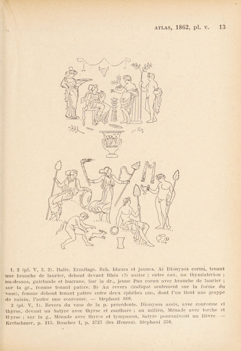 1. 2 (pl. V, 3. 2). Italie. Ermitage. Reh. blancs et jaunes. A) Dionysos cornu, tenant une branche de laurier, debout devant Rhéa (?) assise ; entre eux, un thymiatérion ; au-dessus, guirlande et bucrane. Sur la dr., jeune Pan cornu avec branche de laurier ; sur la gr., femme tenant patère. B) Au revers (indiqué seulement sur la forme du vase), femme debout tenant patère entre deux éphèbes nus, dont l’un tient une grappe de raisin, l’autre une couronne. — Stephani 880. 3 (pl. Y, 1). Revers du vase de la p. précédente. Dionysos assis, avec couronne et thyrse, devant un Satyre avec thyrse et canthare ; au milieu, Ménade avec torche et thyrse ; sur la g., Ménade avec thyrse et tympanon, Satyre poursuivant un lièvre- •- Kretschnier, p. 215. Roscher I, p. 2727 (les Heures). Stephani 350.