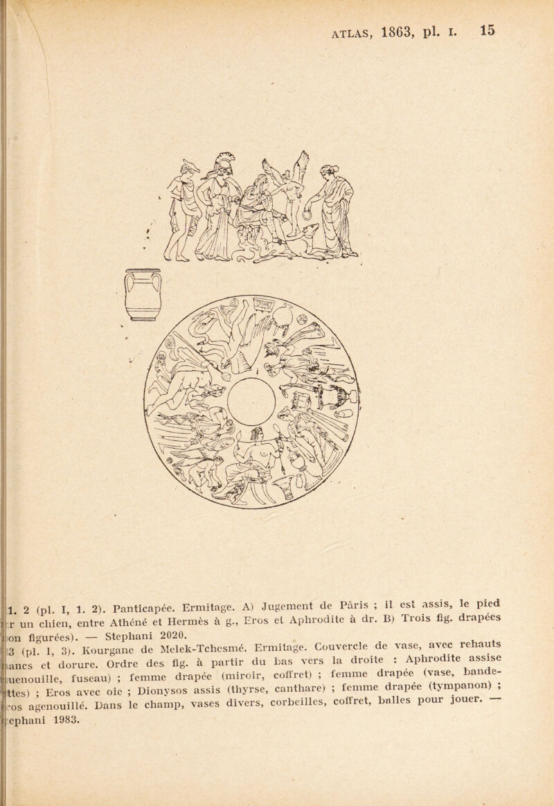 1. 2 (pl, I, 1. 2). Panticapée. Ermitage. A) Jugement de Paris ; il est assis, le pied r un cliien, entre Athéné et Hermès à g., Eros et Aphrodite à dr. B) Trois fig. drapées on figurées). — Stephani 2020. 3 (pl. 1, 3). Kourgane de Melek-Tchesmé. Ermitage. Couvercle de vase, avec rehauts ânes et’dorure. Ordre des fig. à partir du bas vers la droite : Aphrodite assise uenouille, fuseau) ; femme drapée (miroir, coffret) ; femme drapée (vase, bande- ttes) * Eros avec oie ; Dionysos assis (thyrse, canthare) ; femme drapee (tympanon) ; ■os agenouillé. Dans le champ, vases divers, corbeilles, coffret, Ailles pour jouer. ephani 1983.