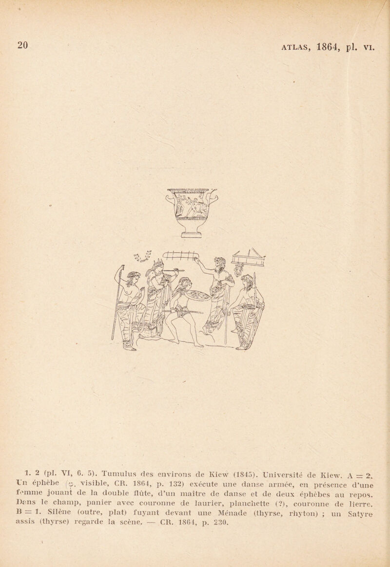 1. 2 (pi. VI, 6. 5). Tumulus fies environs de Kiew (1845). Université de Kiew. A = 2. Un éphèbe <cp. visible, CR. 1864, p. 132) exécute une danse armée, en présence d’une femme jouant de la double flûte, d’un maître de danse et de deux éphèbes au repos. Dans le champ, panier avec couronne de laurier, planchette (?), couronne de lierre. B = 1. Silène (outre, plat) fuyant devant une Ménade (thyrse, rhyton) ; un Satyre assis (thyrse) regarde la scène, — CR. 1864, p. 230.
