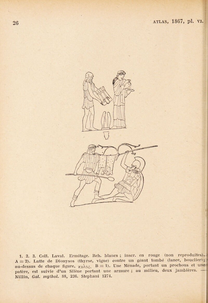 1. 2. 3. Coll. Laval. Ermitage. Reh. blancs ; inscr. en rouge (non reproduites). A — 2). Lutte de Dionysos (thyrse, vigne) contre un géant tombé (lance, bouclier); au-dessus de chaque figure, *xXo;. B = 1). Une Ménade, portant un prochous et une patère, est suivie d’un Silène portant une armure ; au milieu, deux jambières. Millin, Gai. mythol. 88, 236. Stephani 1274.
