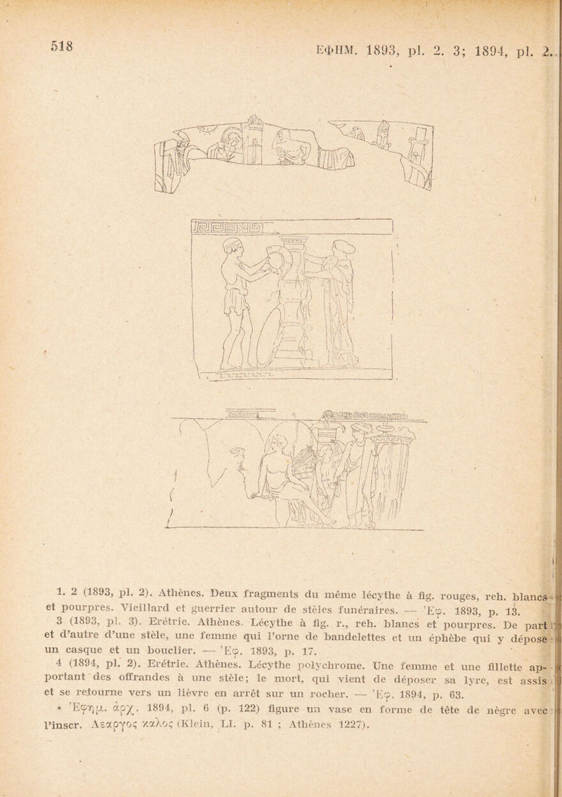518 EtfrHM. 1,893, pi. 2. 3; 1894, pi. 2. 1. 2 (lo93, pl. 2). Athènes. Deux fragments du même lécythe à fig. rouges, reh. blancs et pourpres. Vieillard et guerrier autour de stèles funéraires. — ’Ecp. 1893, p. 13. 3 (189o, pl. 3). Erétrie. Athènes,. Lécythe à fig. r., reh. blancs et pourpres. De part ' et d’autre d’une stèle, une femme gui l’orne de bandelettes et un éplièbe qui y dépose un casque et un bouclier. — ’Ecp. 1893, p. 17. 4 (1894, pl. 2). Erétrie. Athènes. Lécythe polychrome. Une femme et une fillette ap¬ portant des offrandes à une stèle; le mort, qui vient de déposer sa lyre, est assis et se retourne vers un lièvre en arrêt sur un rocher. — ’Ecp. 1894, p. 63. * Ecp'qjj.. 1894, pl. 6 (p. 122) figure un vase en forme de tête de nègre avec