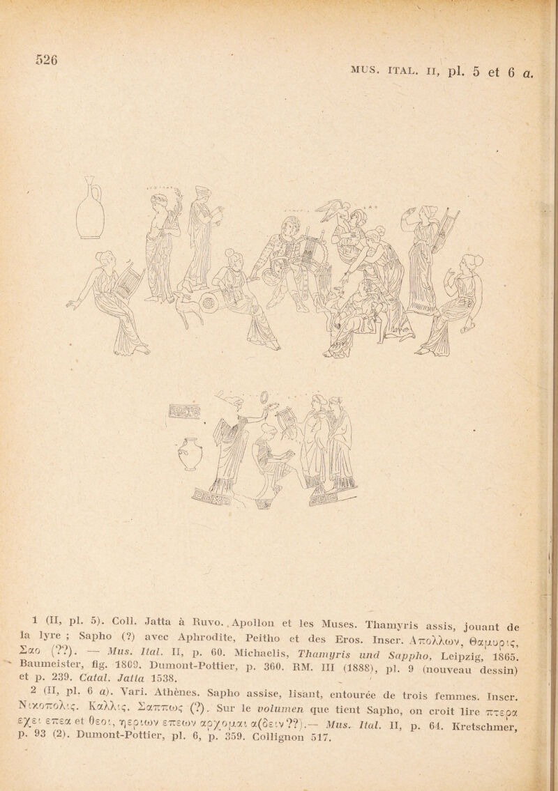la lyre ; Sapho (?) avec Aphrodite, Peitho et des Eros. Inscr. AttoXXwv, 0afiuotç, 2ao (??). Mus. liai. II, p. 60. Michaelis, Thamyris und Sappho, Leipzig, 1865. Baumeister, fig. 1809. Dumont-Pottier, p. 360. RM. III (1888), pl. 9 (nouveau dessin) et p. 239. Catal. Jatta 1538. 2 (II, pl. 6 a). Vari. Athènes. Sapho assise, lisant, entourée de trois N'.xottoX'ç. KaXXtç. Soctttccoç (?).. Sur le volumen que tient Sapho, on Ejjii £Ti£a et Qeoi, Tjeptwv £7r£wv ap^ojjiai a(ôeiv??).— Mus. Ital. II, p. p. 93 (2). Dumont-Pottier, pl. 6, p. 359. Collignon 517. femmes. Inscr. croit lire Trxspa 64. Kretschmer,