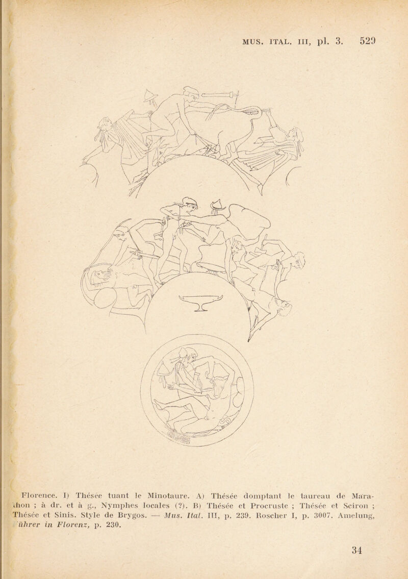 Florence. I) Thésée tuant le Minotaure. A) Thésée domptant le taureau de Mara¬ thon ; à dr. et à g., Nymphes locales (?). B) Thésée et Procrustc ; Thésée et Sciron ; Thésée et Sinis. Style de Brygos. — Mus. Itai. III, p. 239. Roscher I, p. 3007. Amelung, ührer in Florenz, p. 230. 34
