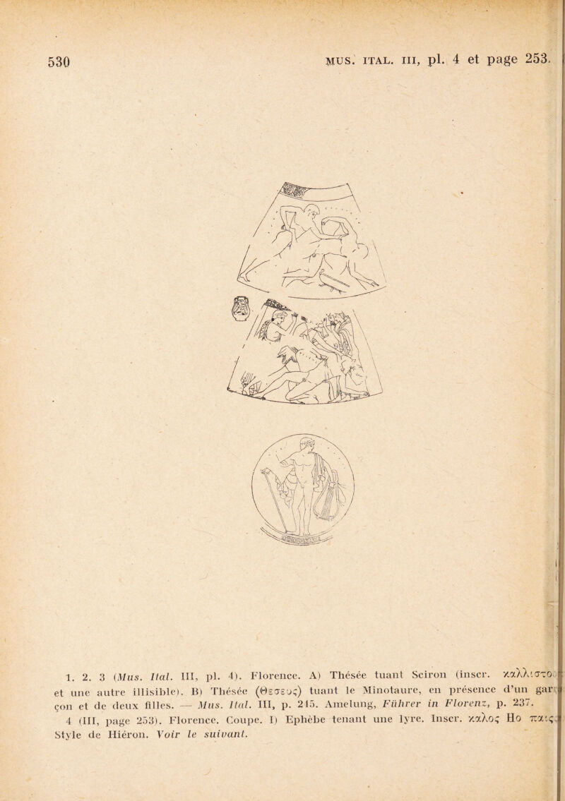 1. 2. 3 (Mus. Ital. III, pl. 4). Florence. A) Thésée tuant Sciron (inscr. xaXXiaTO. et une autre illisible). B) Thésée (Oeaeoç) tuant le Minotaure, en présence d’un gars, çon et de deux tilles. — Mus. Ital. III, p. 215. Amelung, Führer in Florent, p. 237. 4 (III, page 253). Florence. Coupe. 1) Ephèbe tenant une lyre. Inscr. xaXoç Ho rca'ç Style de Hiéron. Voir le suivant.