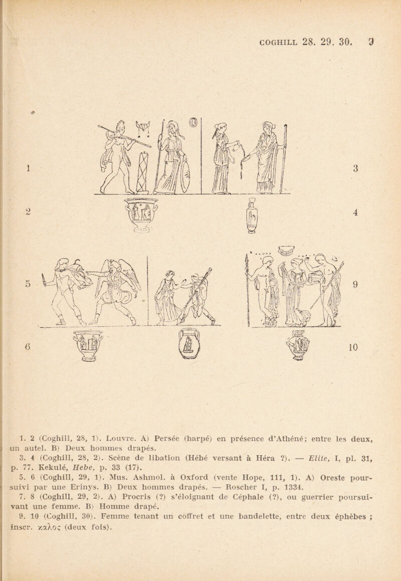 1. 2 (Coghill, 28, 1). Louvre. A) Persée (harpé) en présence d’Athéné; entre les deux, un autel. B) Deux hommes drapés. 3. 4 (Coghill, 28, 2). Scène de libation (Hébé versant à Héra ?). — Elite, I, pi. 31, p. 77. Kekulé, Hebe, p. 33 (17). 5. 6 (Coghill, 29, 1). Mus. Ashmol. à Oxford (vente Hope, 111, 1). A) Oreste pour¬ suivi par une Erinys. B) Deux hommes drapés. — Roscher I, p. 1334. 7. 8 (Coghill, 29, 2). A) Procris (?) s’éloignant de Céphale (?), ou guerrier poursui¬ vant une femme. B) Homme drapé. 9. 10 (Coghill, 30). Femme tenant un coffret et une bandelette, entre deux éphèbes ; înser. xaXoç (deux fois).