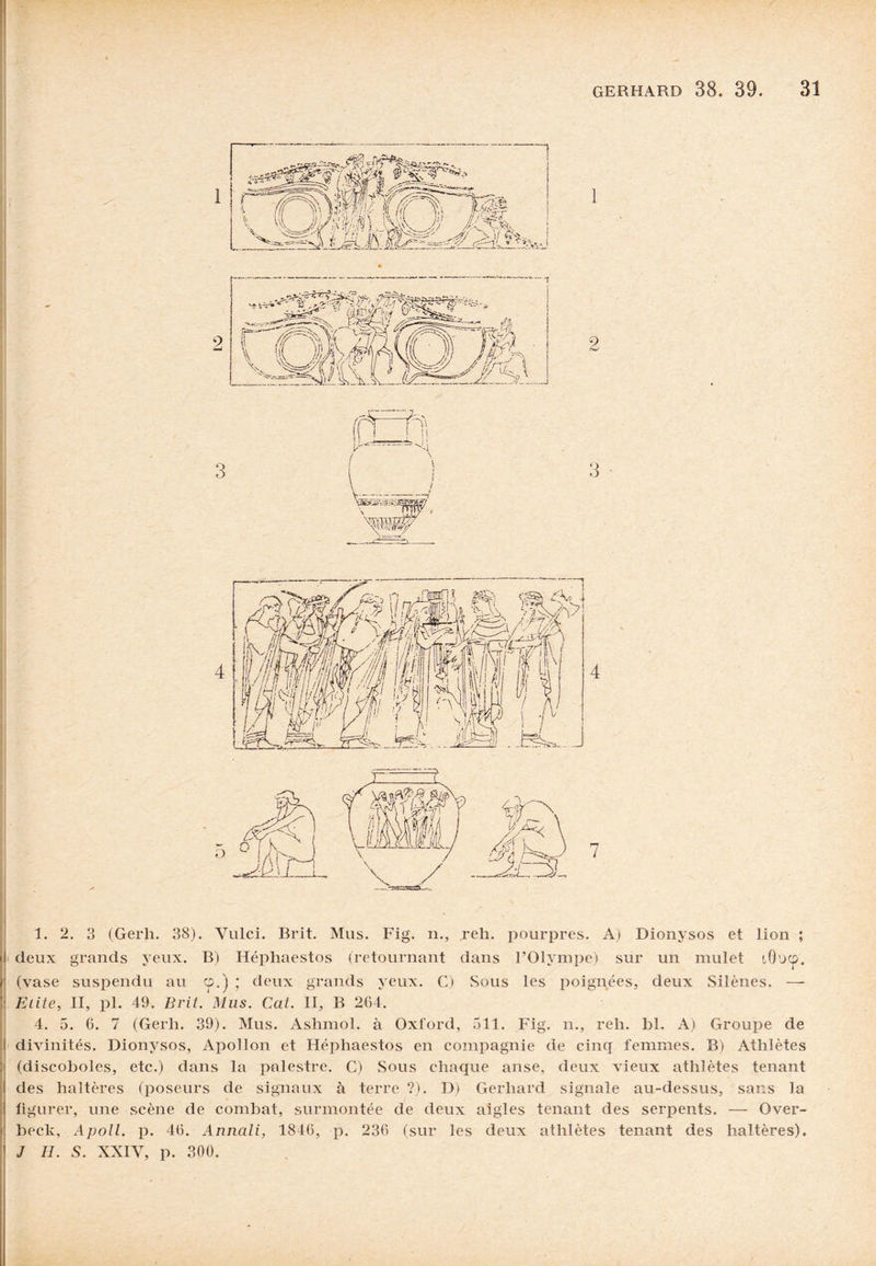 > deux grands yeux. B) Héphaestos (retournant dans l’Olympe) sur un mulet tOucp. I (vase suspendu au ç.) ; deux grands yeux. C) Sous les poignées, deux Silènes. -— ! Elite, II, pl. 49. Brit. Mus. Cat. II, B 264. 4. 5. 6. 7 (Gerli. 39). Mus. Ashmol. à Oxford, 511. Fig. n., reh. bl. A) Groupe de ; divinités. Dionysos, Apollon et Héphaestos en compagnie de cinq femmes. B) Athlètes : (discoboles, etc.) dans la palestre. C) Sous chaque anse, deux vieux athlètes tenant des haltères (poseurs de signaux à terre ?). D) Gerhard signale au-dessus, sans la figurer, une scène de combat, surmontée de deux aigles tenant des serpents. — Over- beck, Apoll. p. 46. Annali, 1846, p. 236 (sur les deux athlètes tenant des haltères). J II. S. XXIV, p. 300.