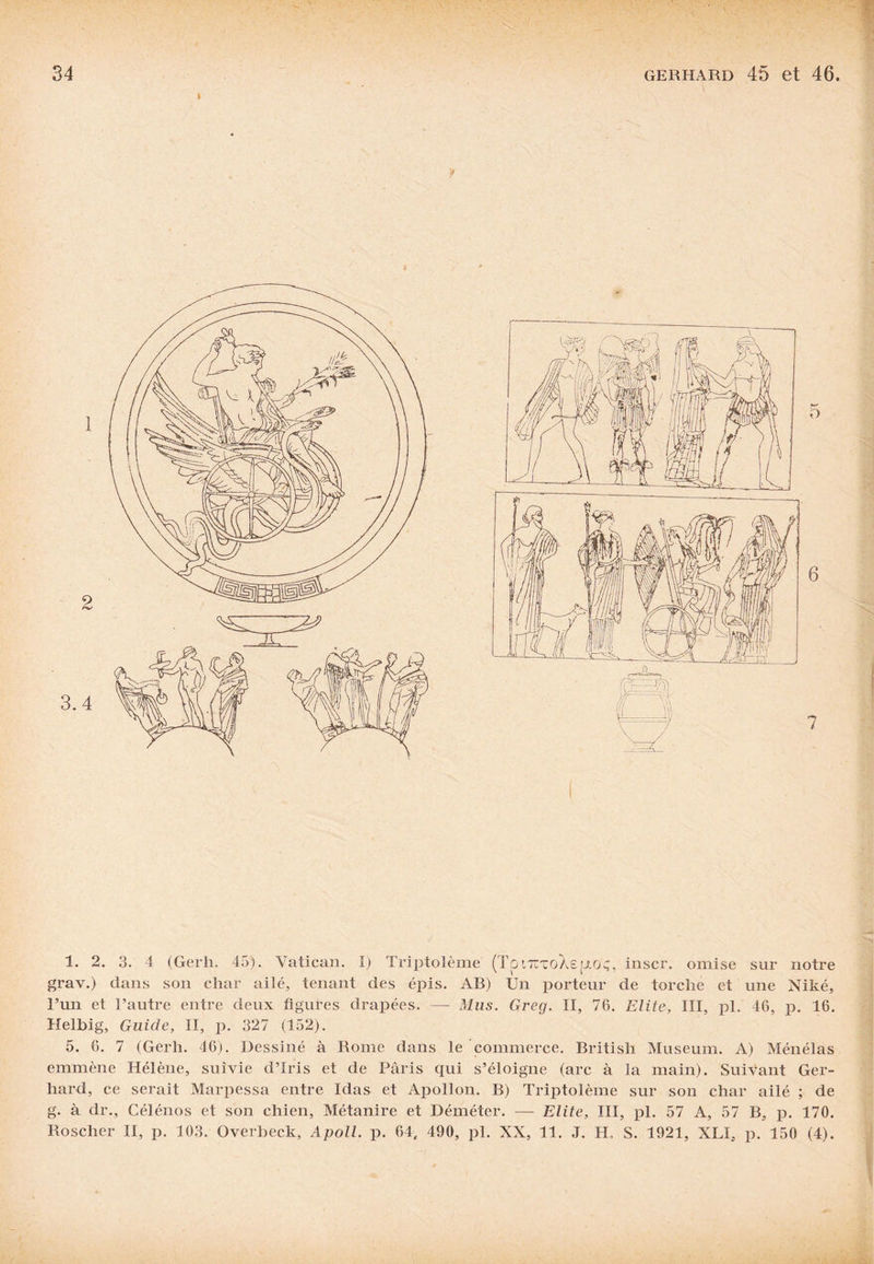 grav.) dans son char ailé, tenant des épis. AB) Un porteur de torche et une Niké, l’un et l’autre entre deux figures drapées. — Mus. Greg. II, 76. Elite, III, pl. 46, p. 16. Helbig, Guide, II, p. 327 (152). 5. 6. 7 (Gerh. 46). Dessiné à Rome dans le commerce. British Muséum. A) Ménélas emmène Hélène, suivie d’iris et de Pâris qui s’éloigne (arc à la main). Suivant Ger¬ hard, ce serait Marpessa entre ïdas et Apollon. B) Triptolème sur son char ailé ; de g. à dr., Célénos et son chien, Métanire et Déméter. — Elite, III, pl. 57 A, 57 B, p. 170. Roscher II, p. 103. Overbeck, Apoll. p. 64, 490, pl. XX, 11. J. IL S. 1921, XLI, p. 150 (4).