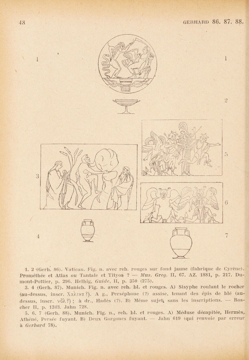 Prométhée et Atlas ou Tantale et Tityos ? -— Mus. Greg. II, 67. AZ. 1881, p. 217. Du- mont-Pottier, p. 296. Helbig, Guide, II, p. 350 (275). 3. 4 (Gerh. 87). Munich. Fig. n. avec reh. bl. et rouges. A) Sisyphe roulant le rocher (au-dessus, inscr. XaXtvoc ?). A g., Perséphone (?) assise, tenant des épis de blé (au- dessus, inscr. vôX?) ; à dr., Hadès (?). B) Même sujets sans les inscriptions. — Ros- cher II, p. 1343. Jahn 728. 5. 6. 7 (Gerh. 88). Munich. Fig. n., reh. bl. et rouges. A) Méduse décapitée, Hermès,. Athéné, Persée fuyant. B) Deux Gorgones fuyant. — Jahn 619 (qui renvoie par erreur à Gerhard 78). • '•