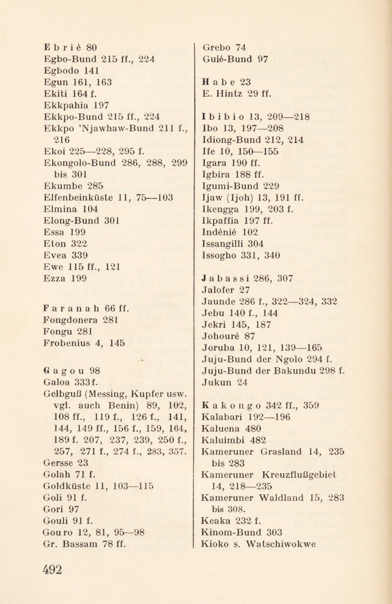 E b r i 6 80 Egbo-Bund 215 ff., 224 Egbodo 141 Egun 161, 163 Ekiti 164 f. Ekkpahia 197 Ekkpo-Bund 215 ff., 224 Ekkpo ’Njawliaw-Bund 211 f., 216 Ekoi 225—228, 295 f. Ekongolo-Bund 286, 288, 299 bis 301 Ekumbe 285 Elfenbeinküste 11, 75—103 Elmina 104 Elong-Bund 301 Essa 199 Eton 322 Evea 339 Ewe 115 ff., 121 Ezza 199 Faranah 66 ff. Fongdonera 281 Fongu 281 Frobenius 4, 145 Gagou 98 Galoa 333 f. Gelbguß (Messing, Kupfer usw. vgl. auch Benin) 89, 102, 108 ff., 119 f., 126 f., 141, 144, 149 ff., 156 f., 159, 164, 189 f. 207, 237, 239, 250 f., 257, 271 f., 274 f., 283, 357. Gersse 23 Golah 71 f. Goldküste 11, 103—115 Goli 91 f. Gori 97 Gouli 91 f. Gouro 12, 81, 95—98 Gr. Bassam 78 ff. Grebo 74 Gui6-Bund 97 Habe 23 E. Hintz 29 ff. I b i b i o 13, 209—218 Ibo 13, 197—208 Idiong-Bund 212, 214 Ife 10, 150—155 Igara 190 ff. Igbira 188 ff. Igumi-Bund 229 Ijaw (Ijoh) 13, 191 ff. Ikengga 199, 203 f. Ikpaffia 197 ff. Ind6ni6 102 Issangilli 304 Issogho 331, 340 J a b a s s i 286, 307 Jalofer 27 Jaunde 286 f., 322—324, 332 Jebu 140 f., 144 Jekri 145, 187 Johour6 87 Joruba 10, 121, 139—165 Juju-Bund der Ngolo 294 f. Juju-Bund der Bakundu 298 f. Jukun 24 K a k o n g o 342 ff., 359 Kalabari 192—196 Kaluena 480 Kaluimbi 482 Kameruner Grasland 14, 235 bis 283 Kameruner Kreuzflußgebiet 14, 218—235 Kameruner Waldland 15, 283 bis 308. Keaka 232 f. Kinom-Bund 303 Kioko s. Watschiwokwe